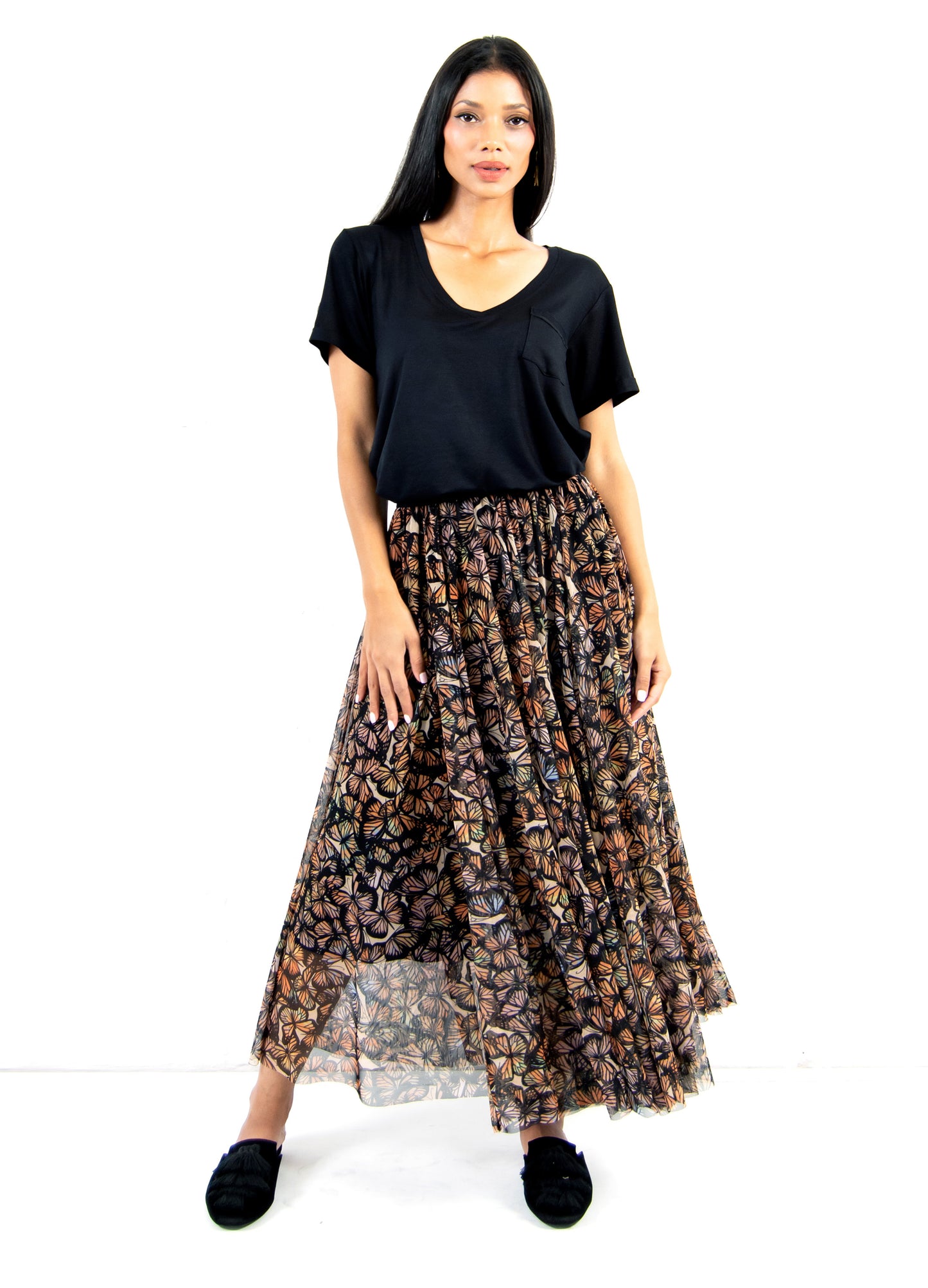 Angelica circle skirt in black Farfalle print