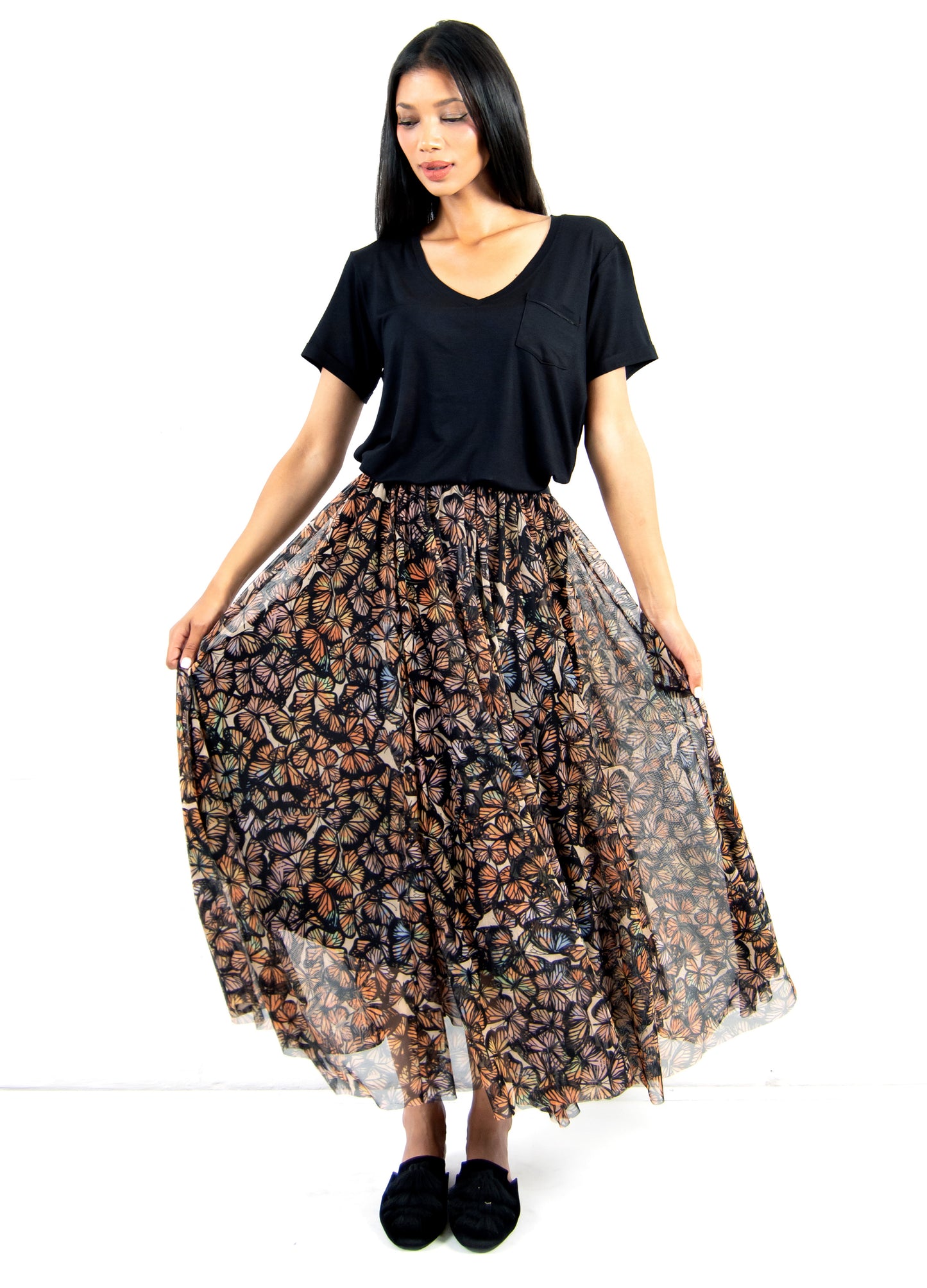 Angelica circle skirt in black Farfalle print