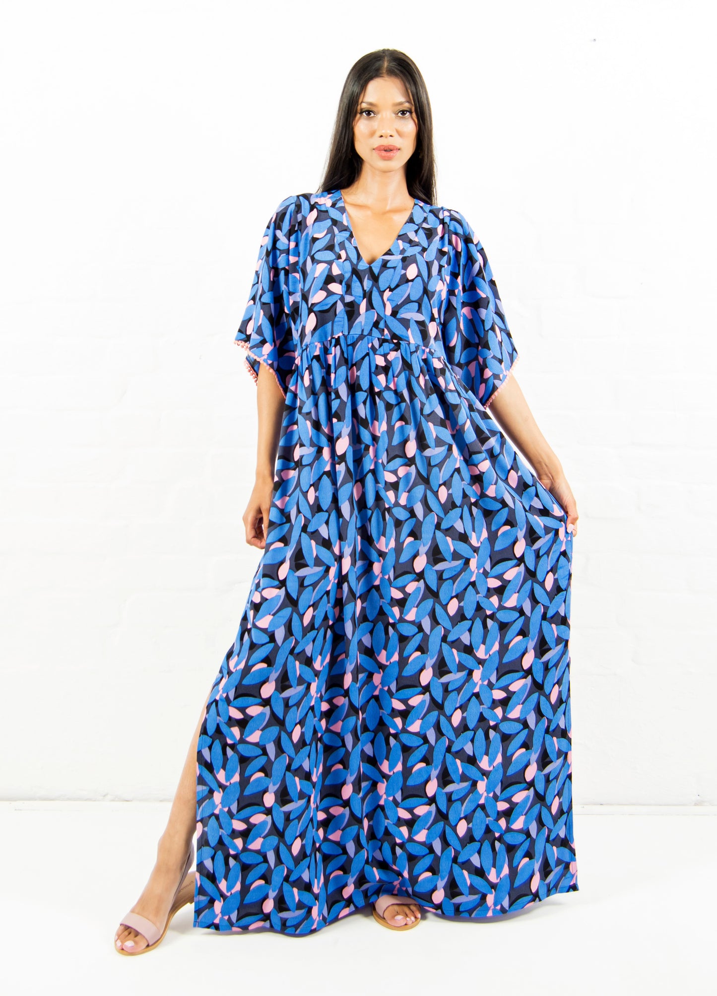 Clara kaftan dress in cobalt Saphire Petals print