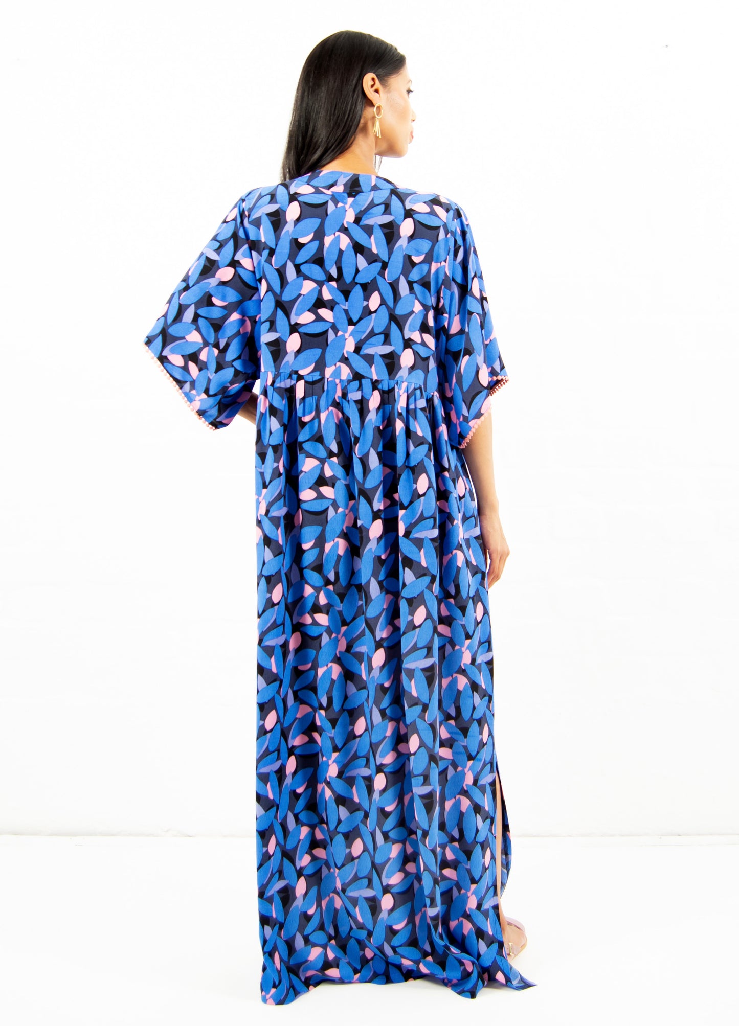 Clara kaftan dress in cobalt Saphire Petals print