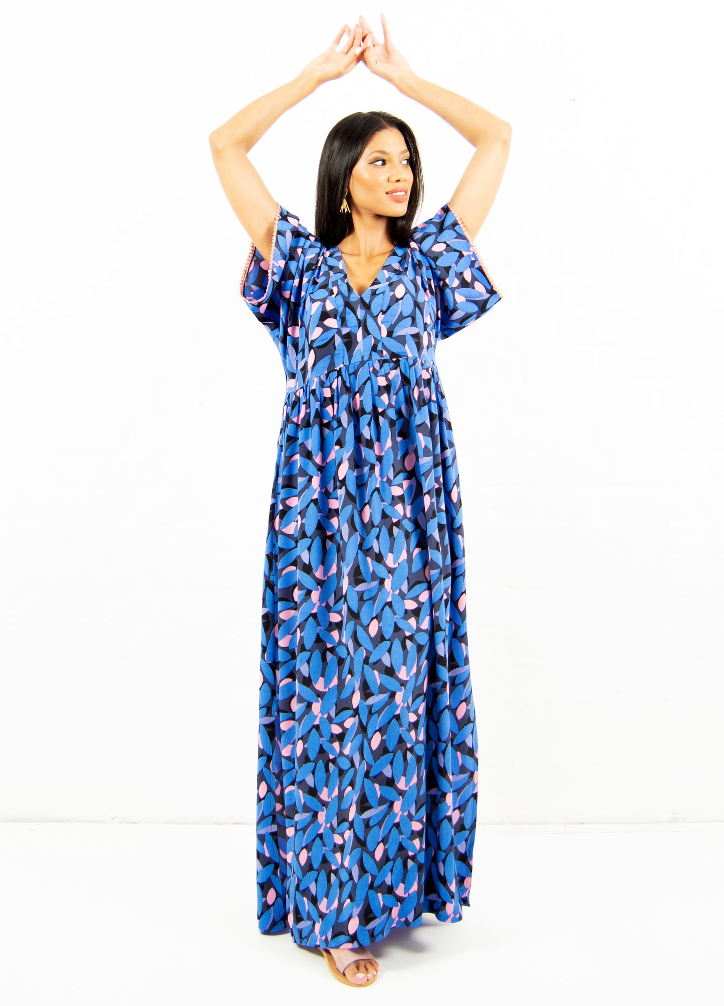 Clara kaftan dress in cobalt Saphire Petals print