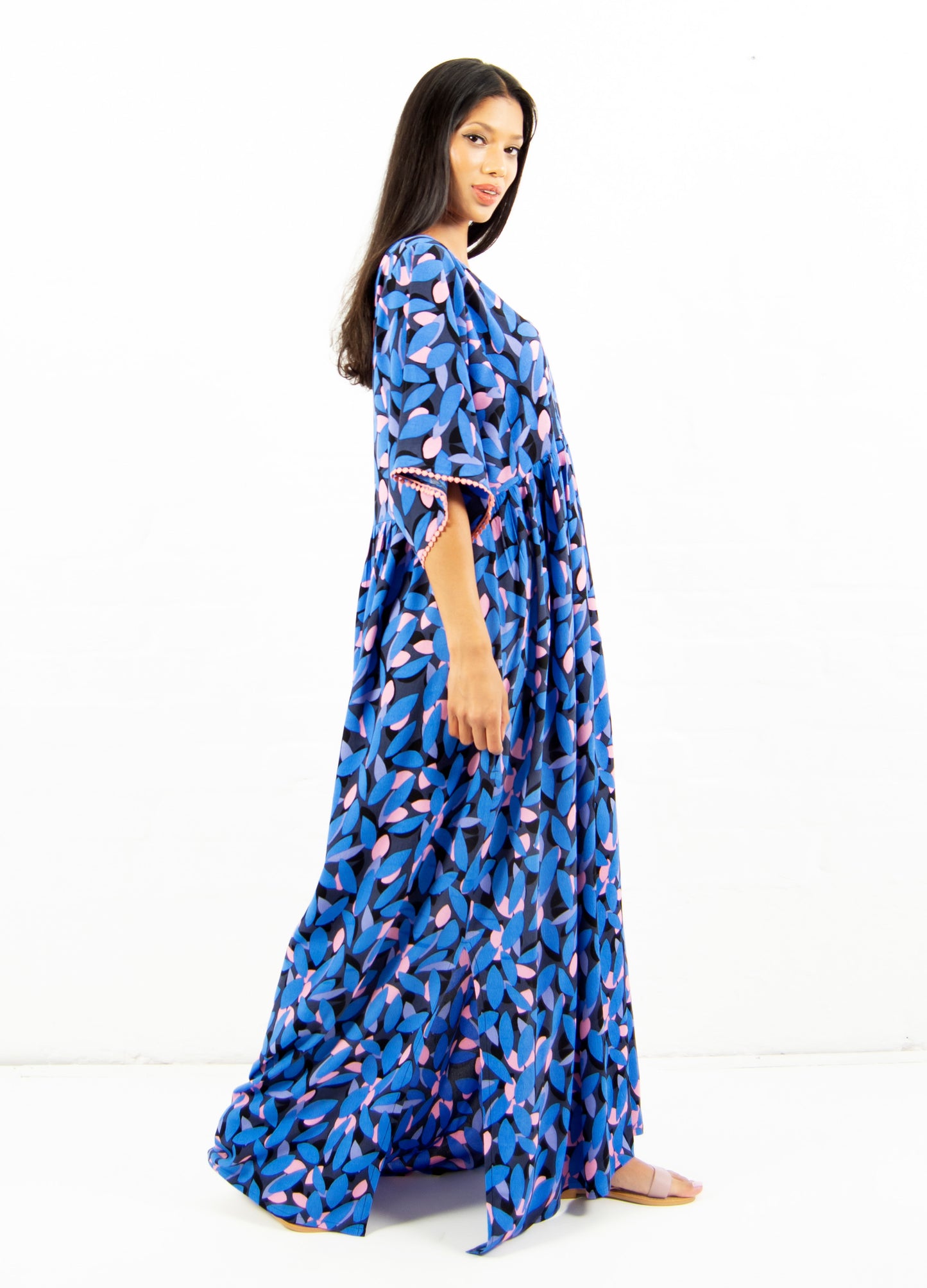 Clara kaftan dress in cobalt Saphire Petals print