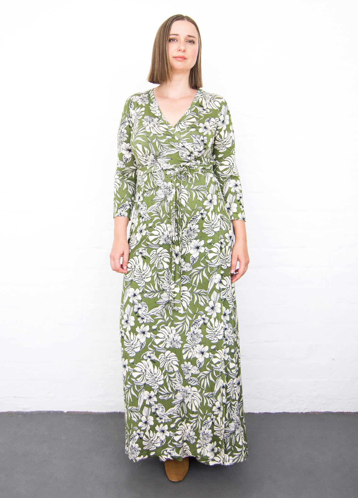 Isabella maxi wrap dress in olive Carolina Floral