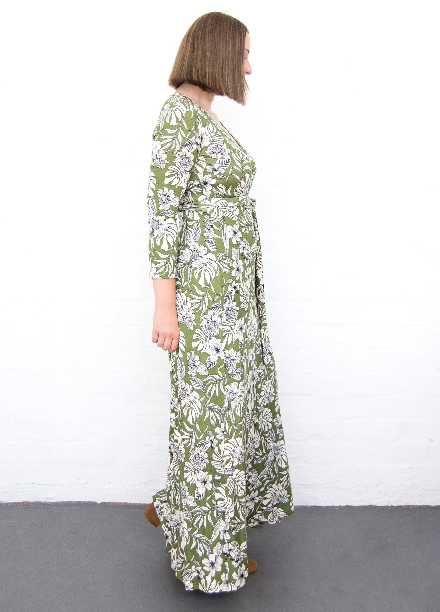 Isabella maxi wrap dress in olive Carolina Floral