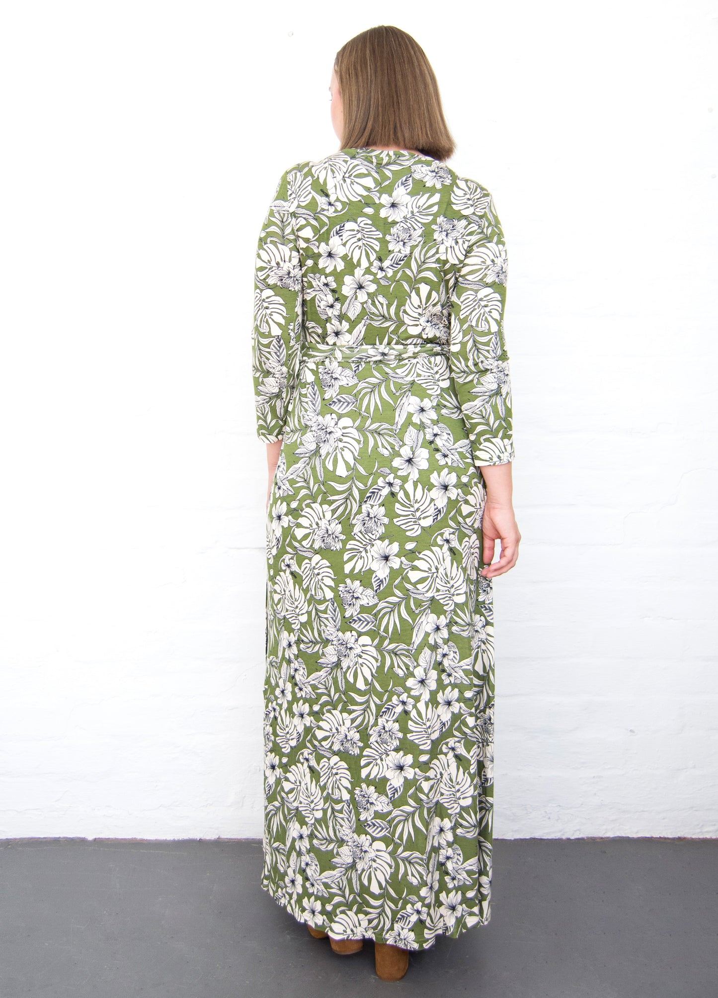 Isabella maxi wrap dress in olive Carolina Floral