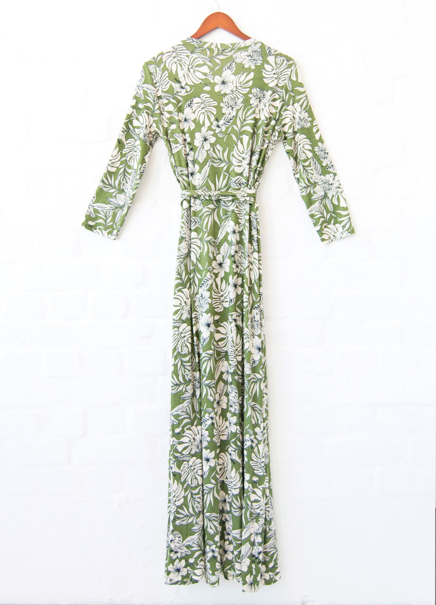 Isabella maxi wrap dress in olive Carolina Floral