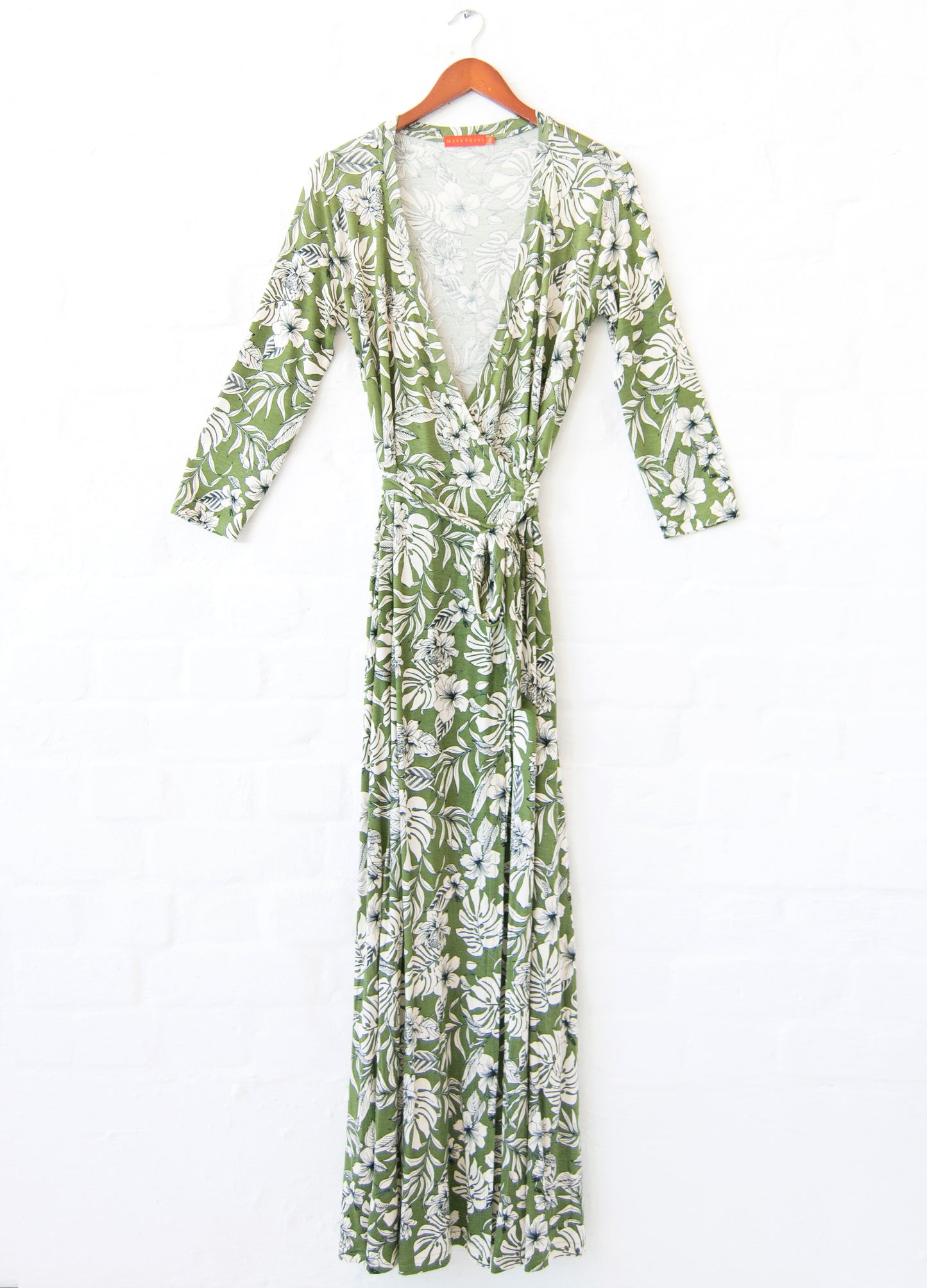 Isabella maxi wrap dress in olive Carolina Floral