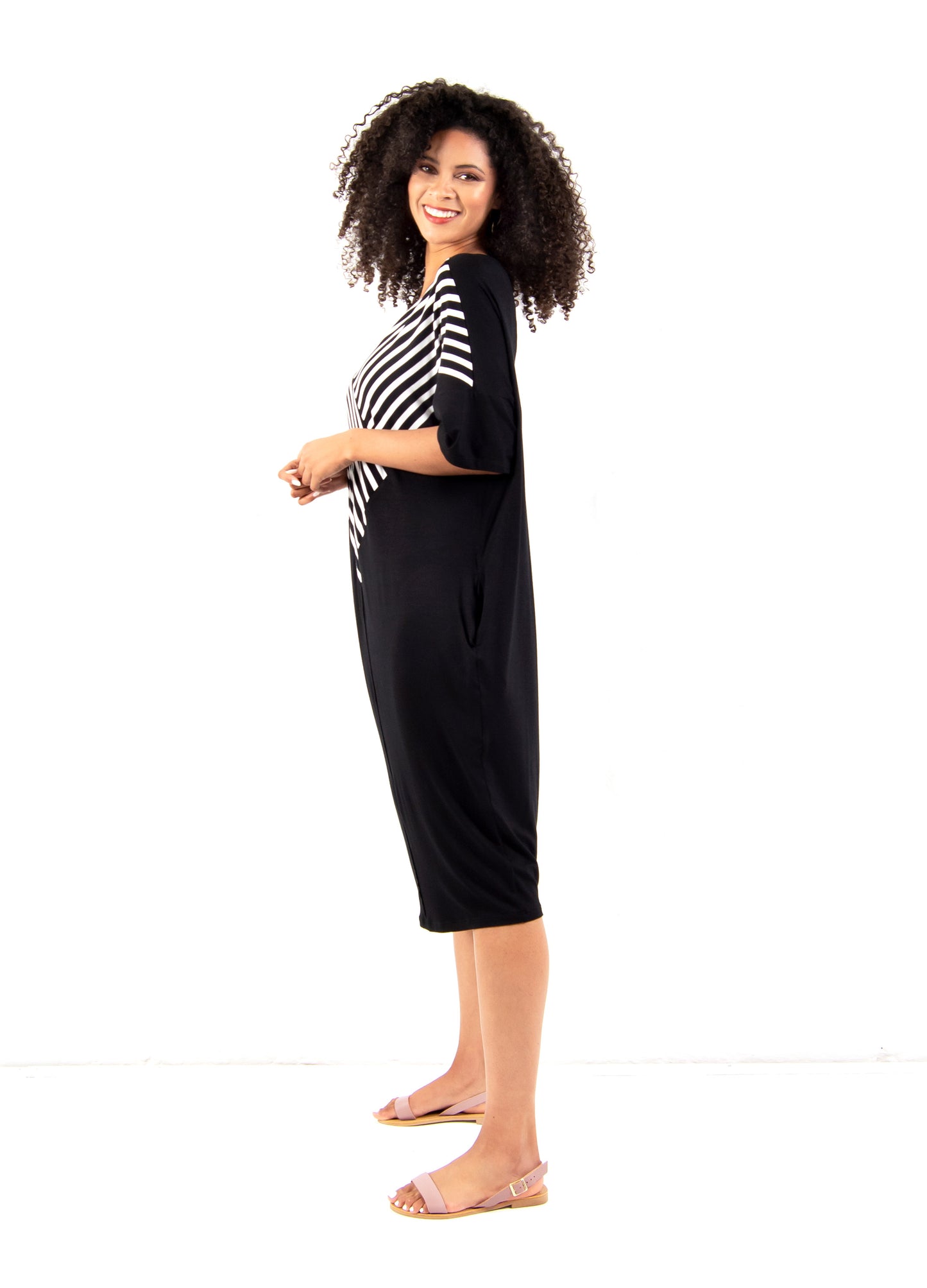 Manon cocoon dress in Black and White stripe