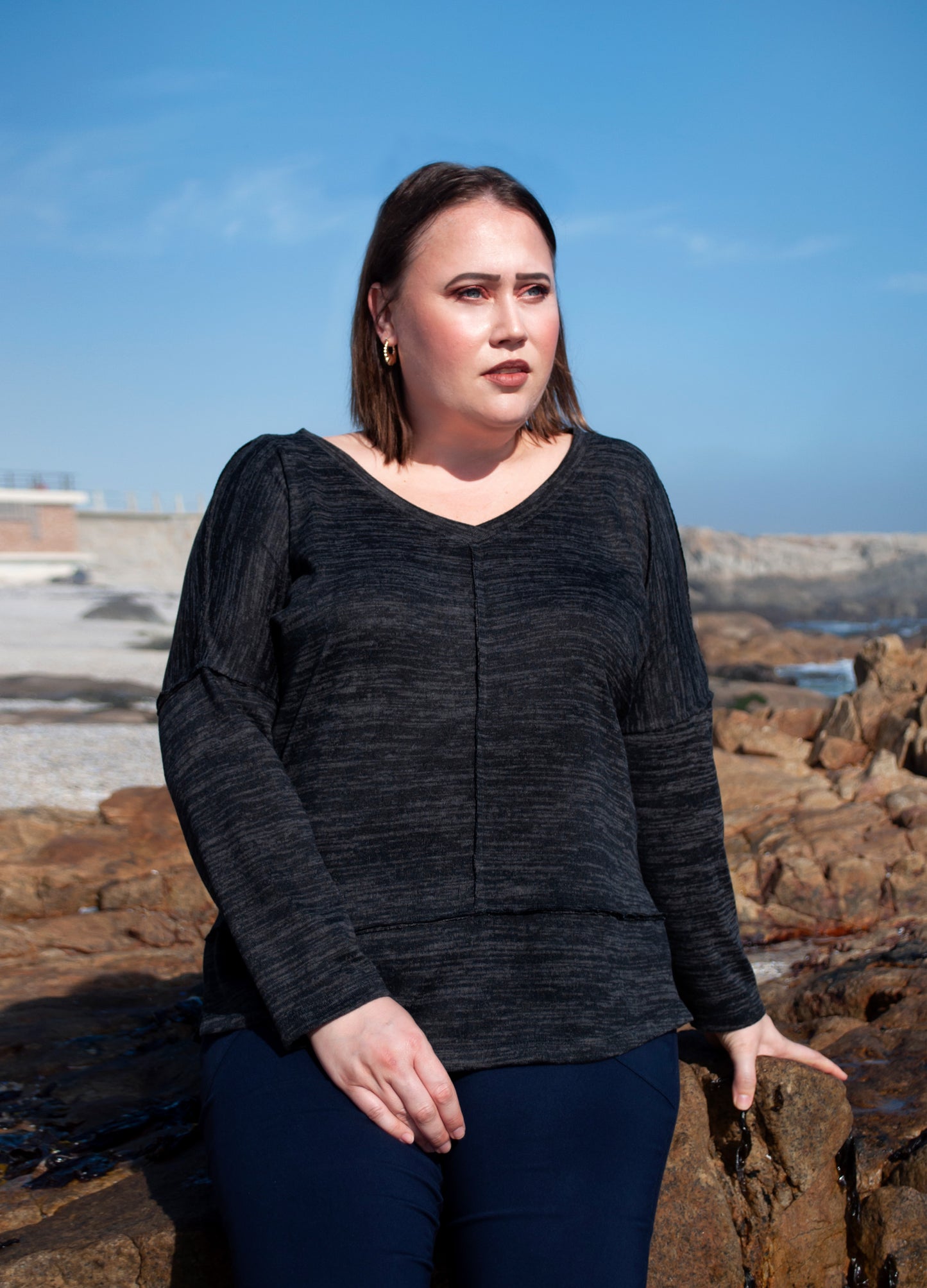Mia Box Pullover in Charcoal melange cut & sew knit