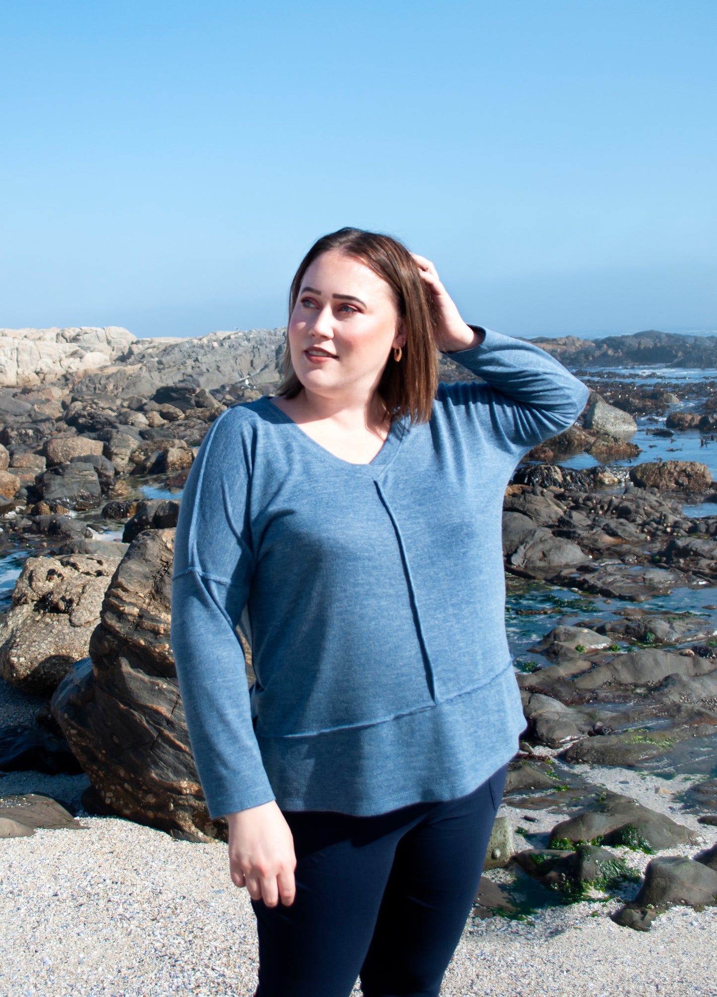 Mia Box Pullover in Indigo melange cut & sew knit size 34 left