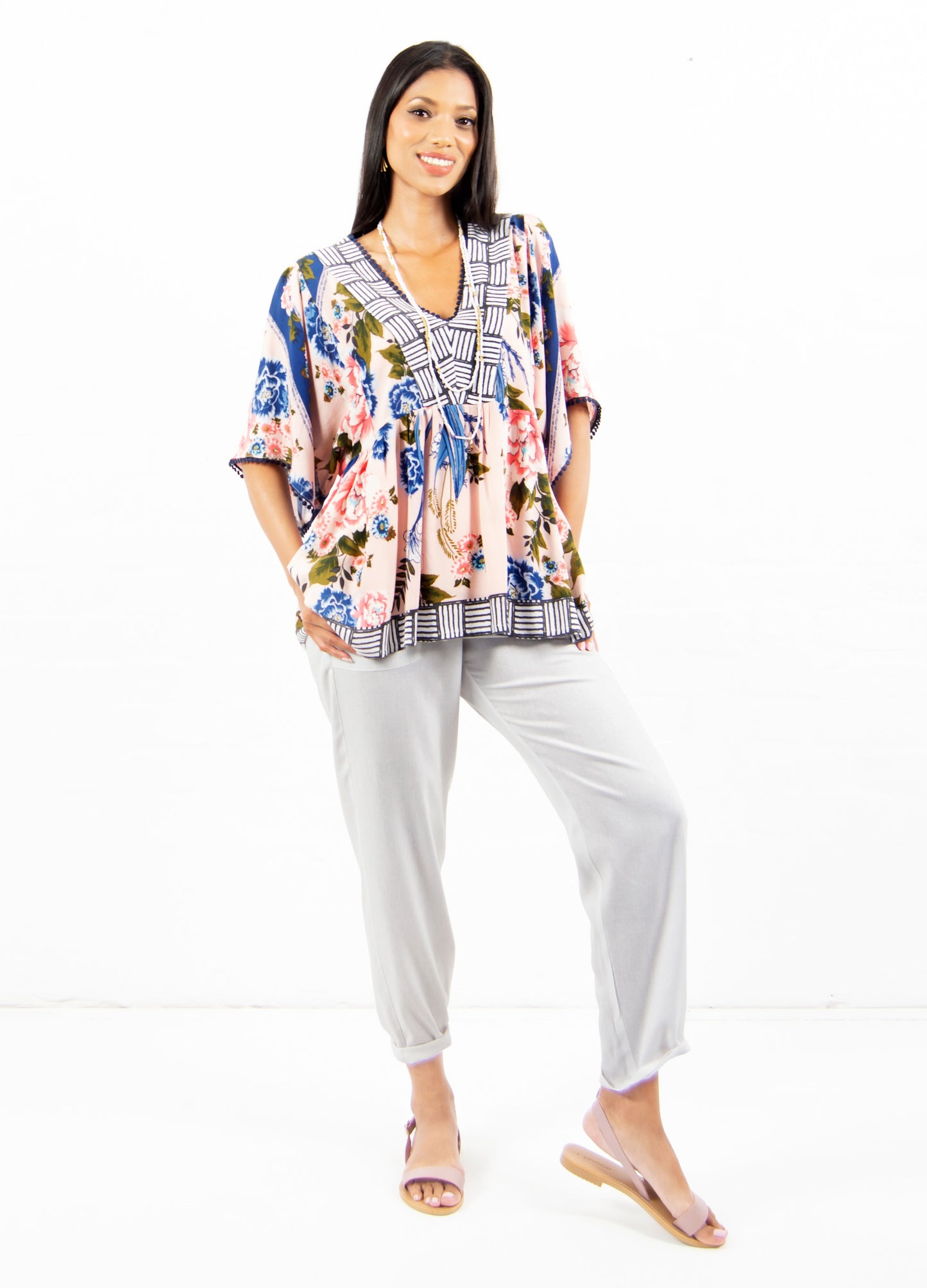 Mimi kaftan top in blush Olà Scarf print