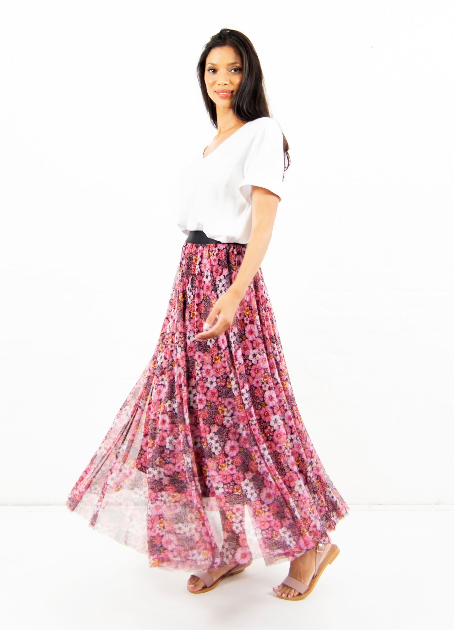Angelica circle skirt in pink Fuji Blossom print