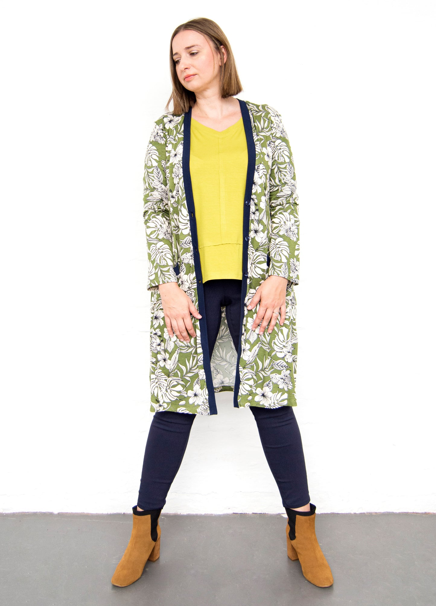 Nicolette Cardigan in olive Carolina Floral