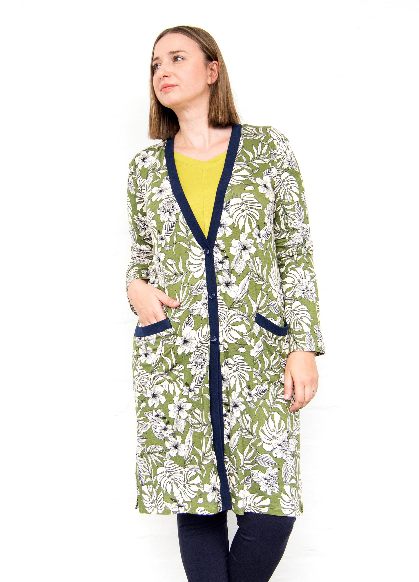 Nicolette Cardigan in olive Carolina Floral