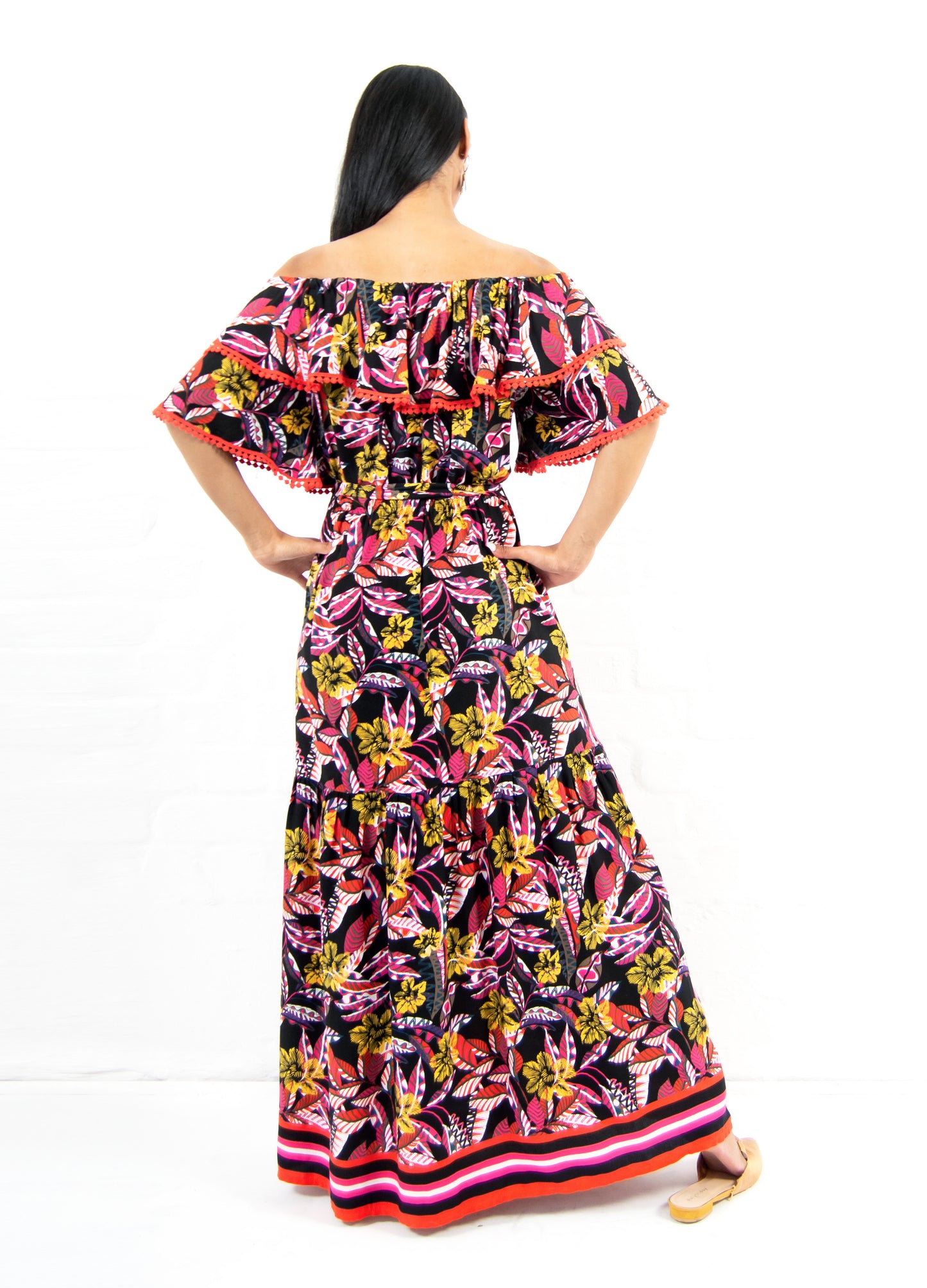 Penelope maxi frill dress in black Jungle Fever print only size 32 left