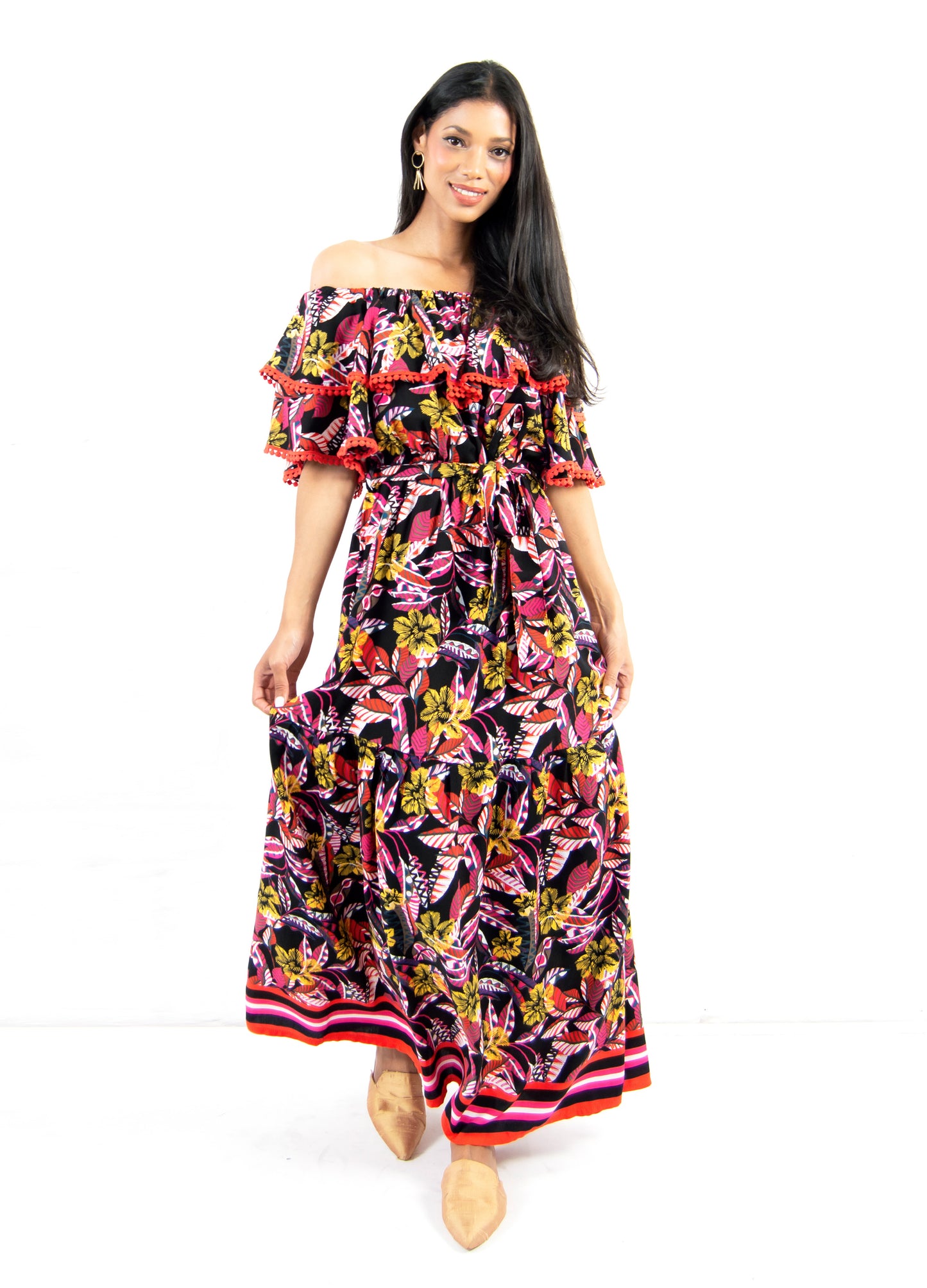 Penelope maxi frill dress in black Jungle Fever print only size 32 left