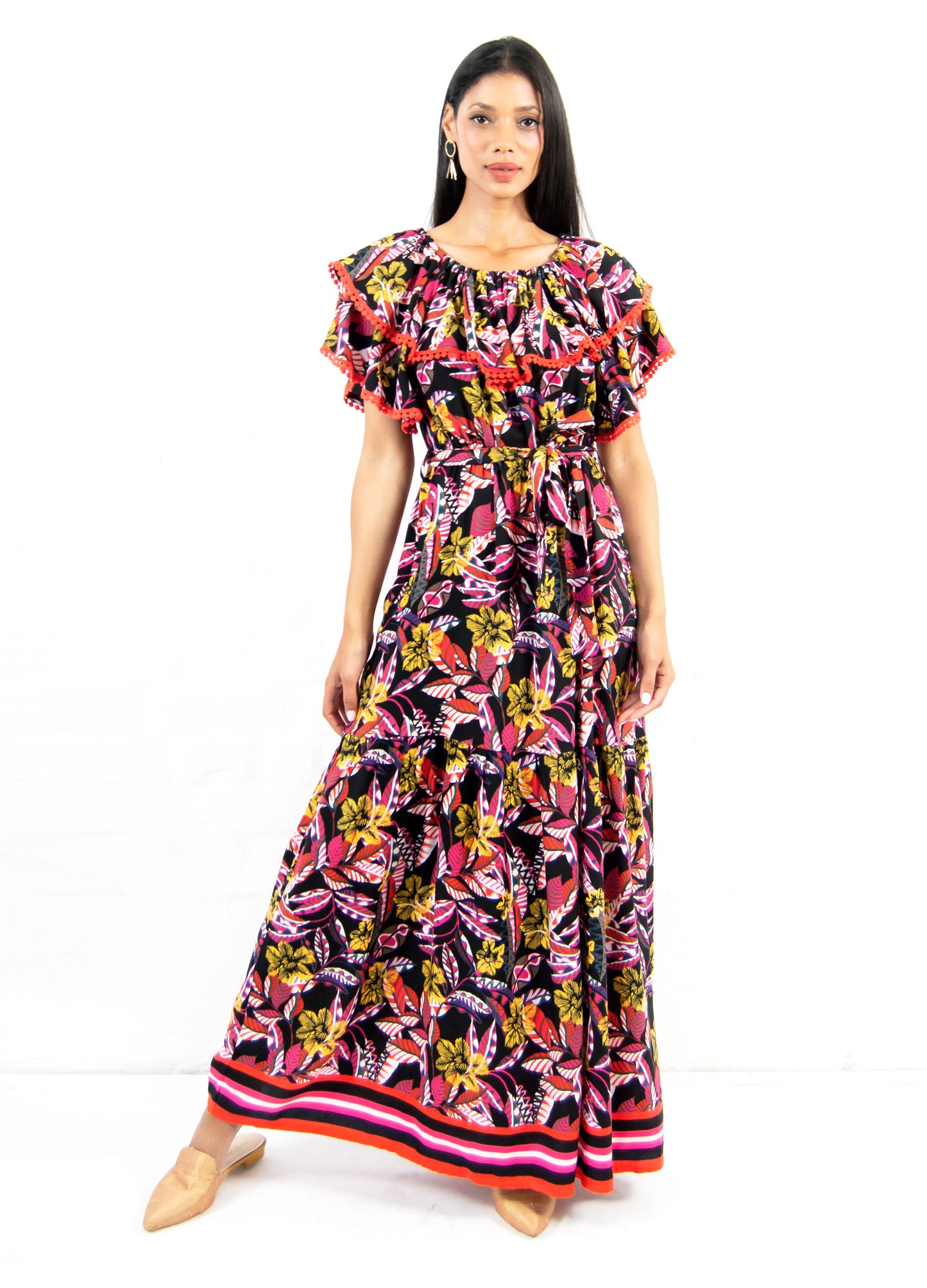 Penelope maxi frill dress in black Jungle Fever print only size 32 left