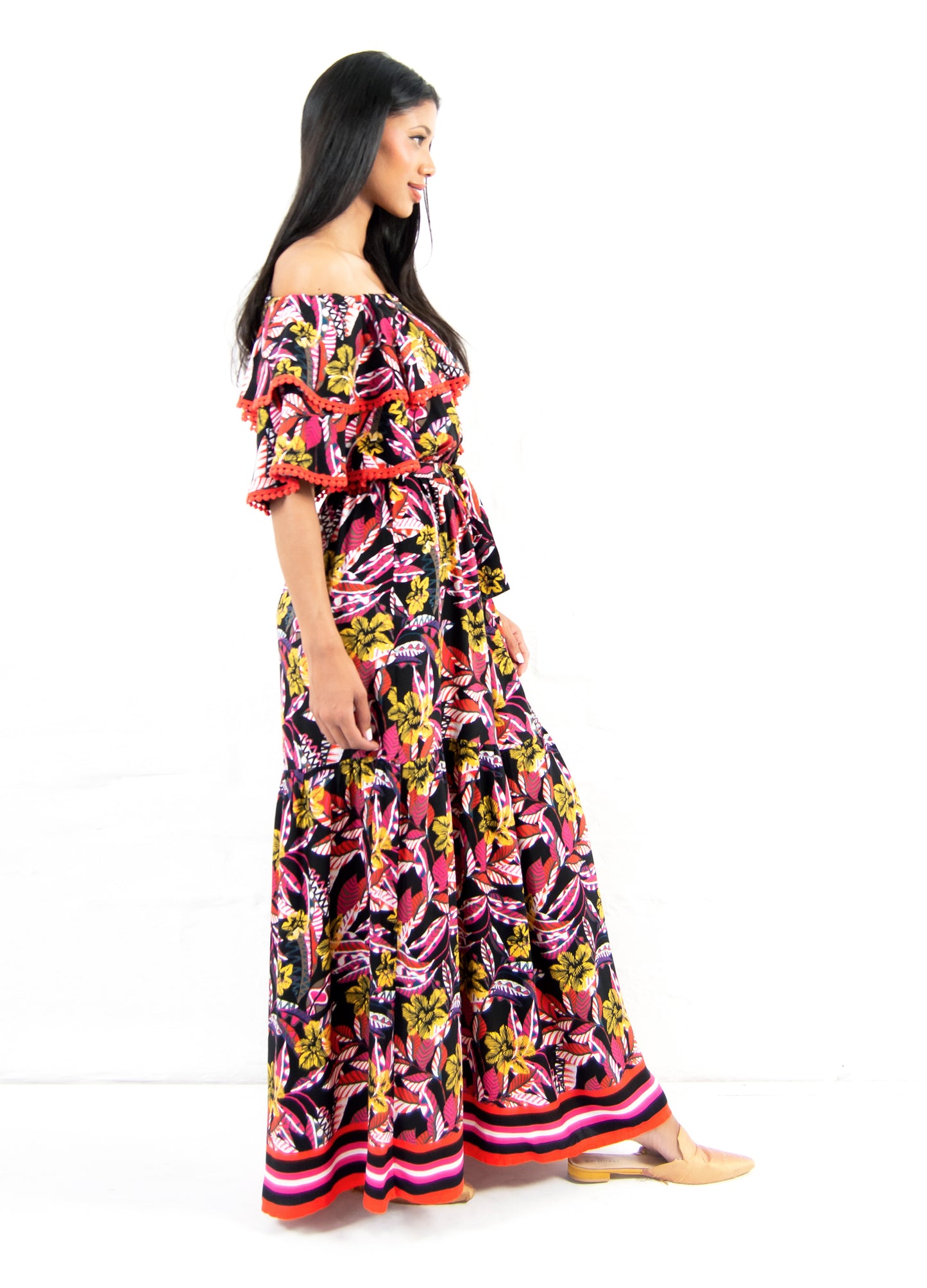 Penelope maxi frill dress in black Jungle Fever print only size 32 left