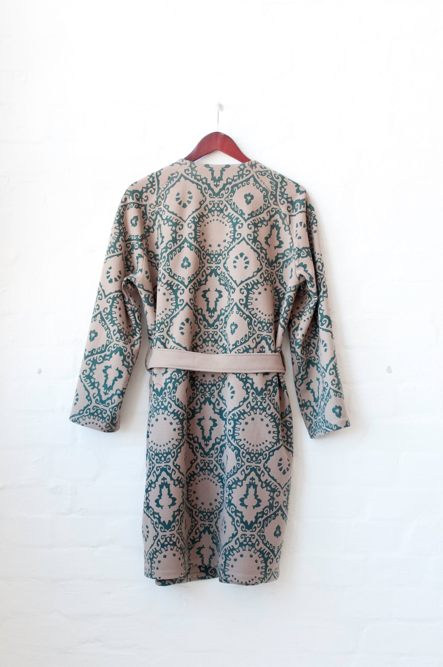 Pepperberry coat in oatmeal and forest Krakatoa melton size 38 left