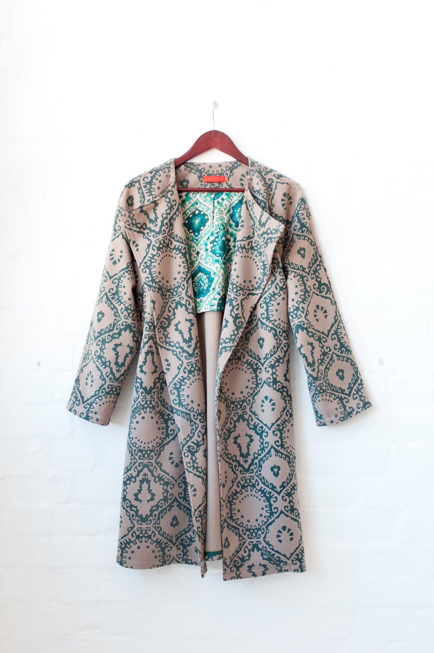 Pepperberry coat in oatmeal and forest Krakatoa melton size 38 left