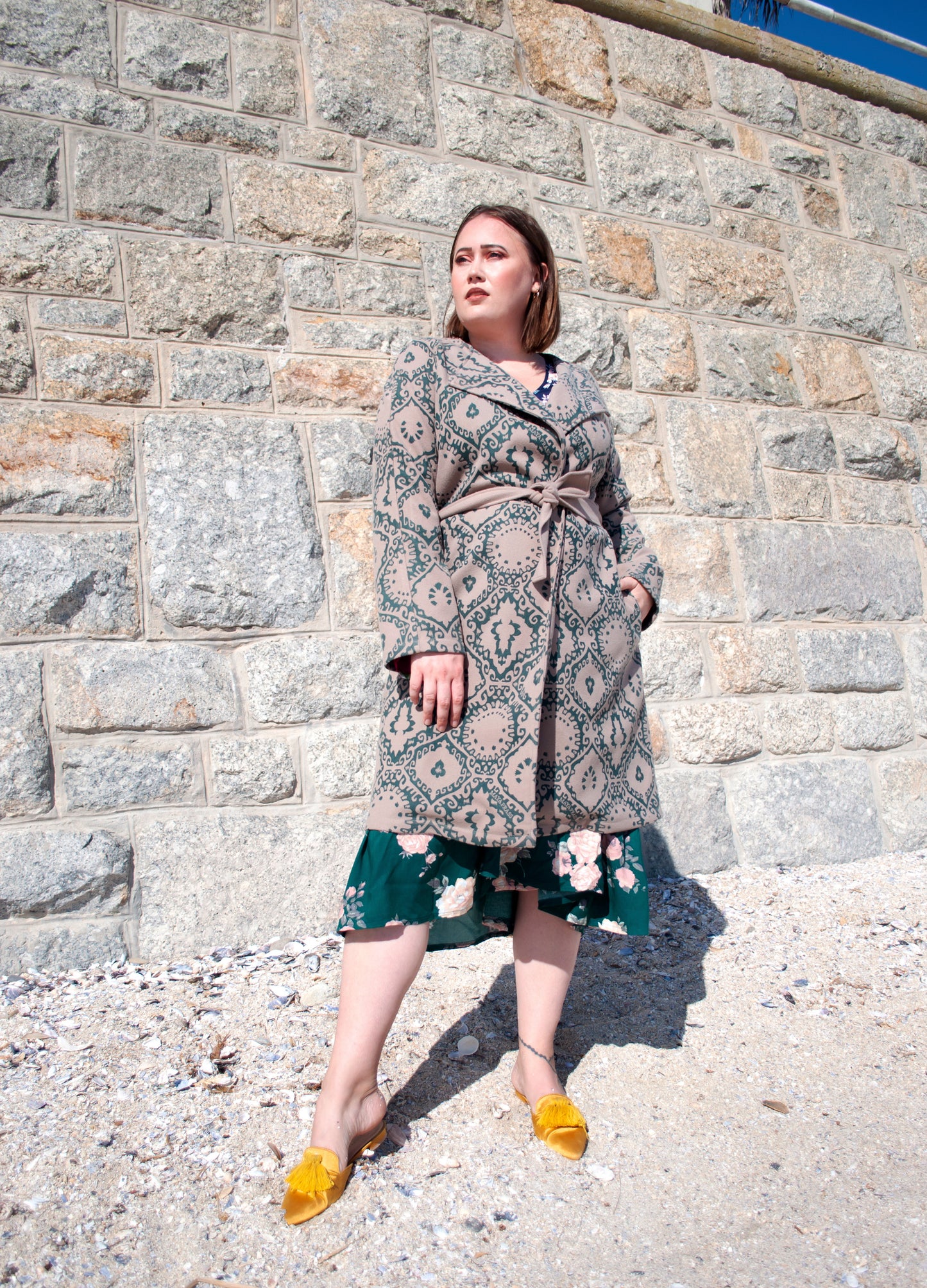 Pepperberry coat in oatmeal and forest Krakatoa melton size 38 left