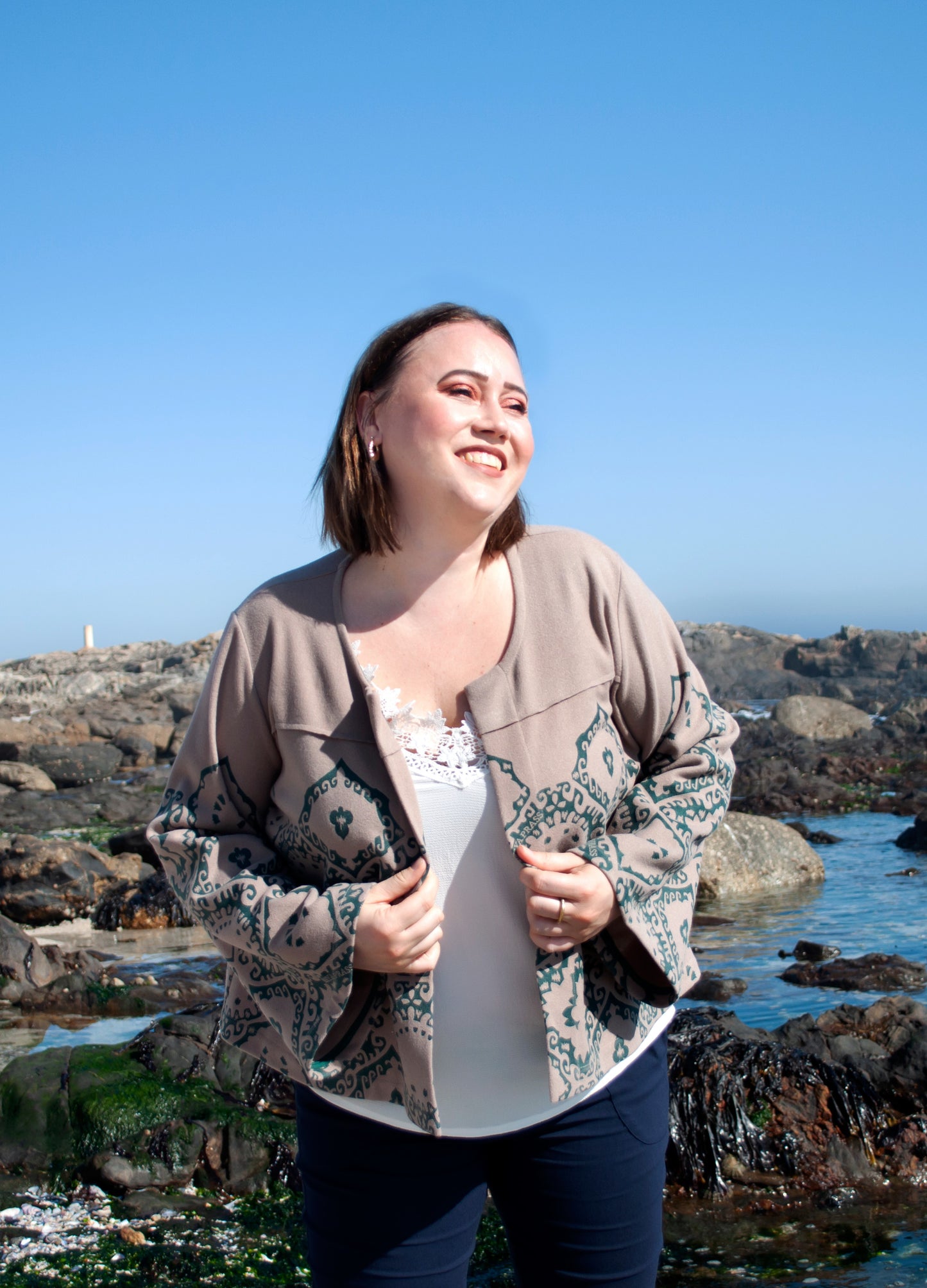 Rosalie Crop Coat in oatmeal and forest Krakatoa melton