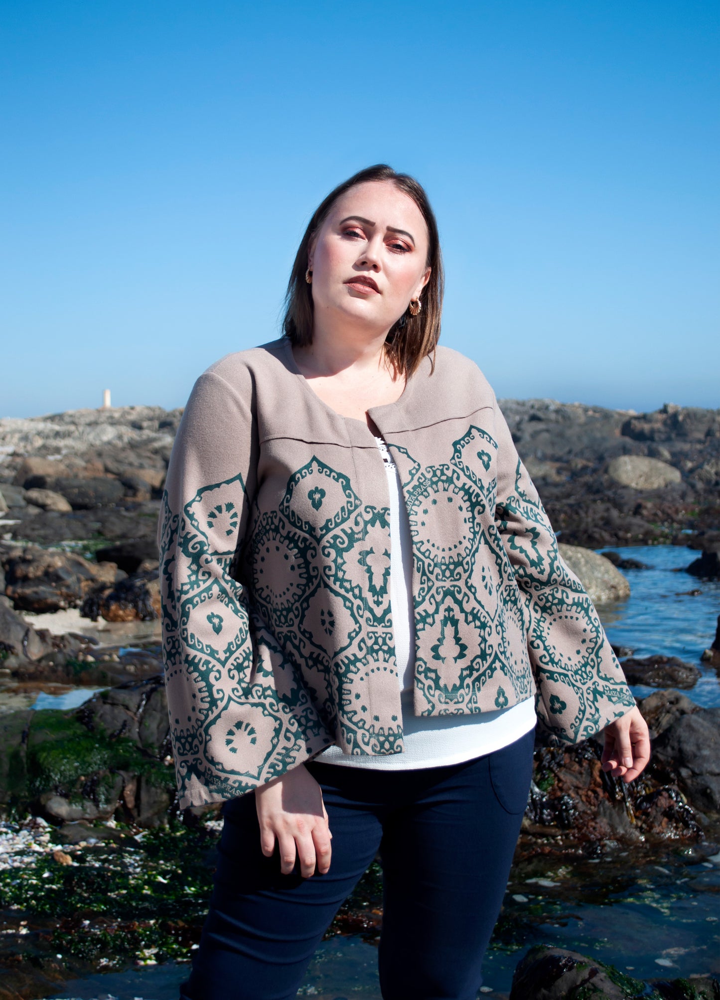 Rosalie Crop Coat in oatmeal and forest Krakatoa melton