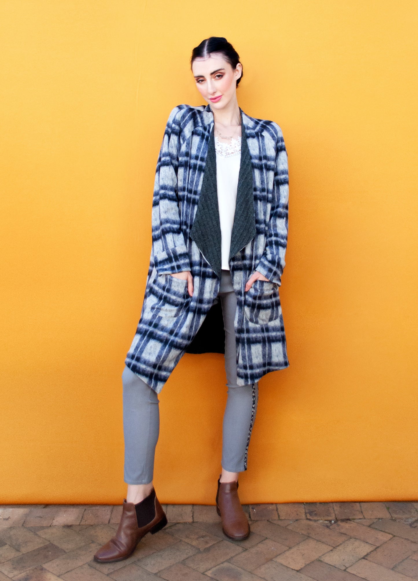 Stefana Reversible Cardigan in grey Himalayan Check size 36