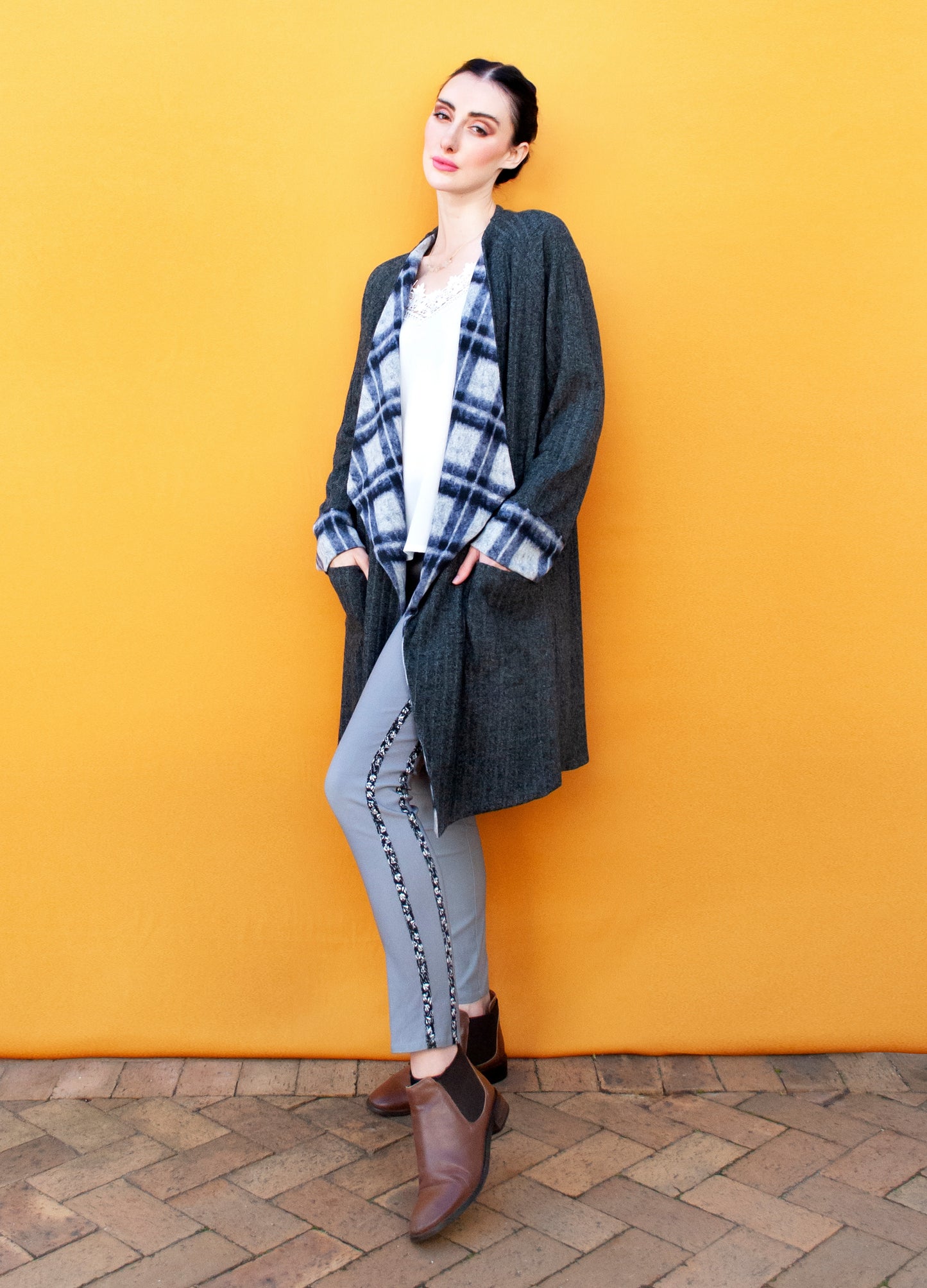 Stefana Reversible Cardigan in grey Himalayan Check size 36