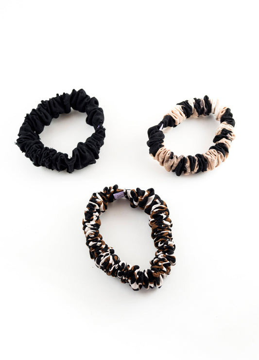 Ava mini scrunchies sets in black, chocolate Animals Prints