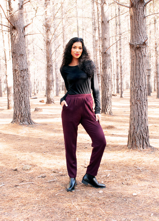 Bella jogger in Black Cherry linen blend
