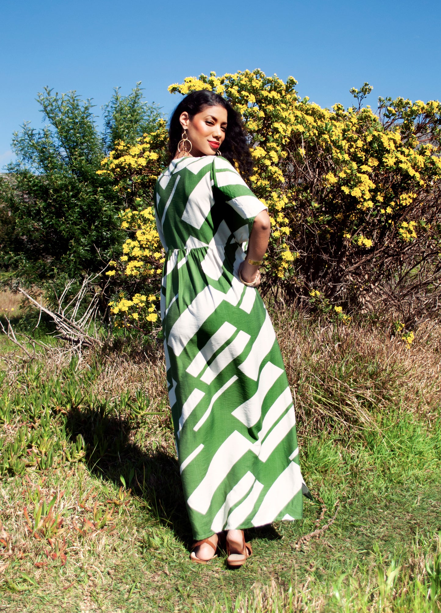Clara kaftan dress in moss green Jenga print