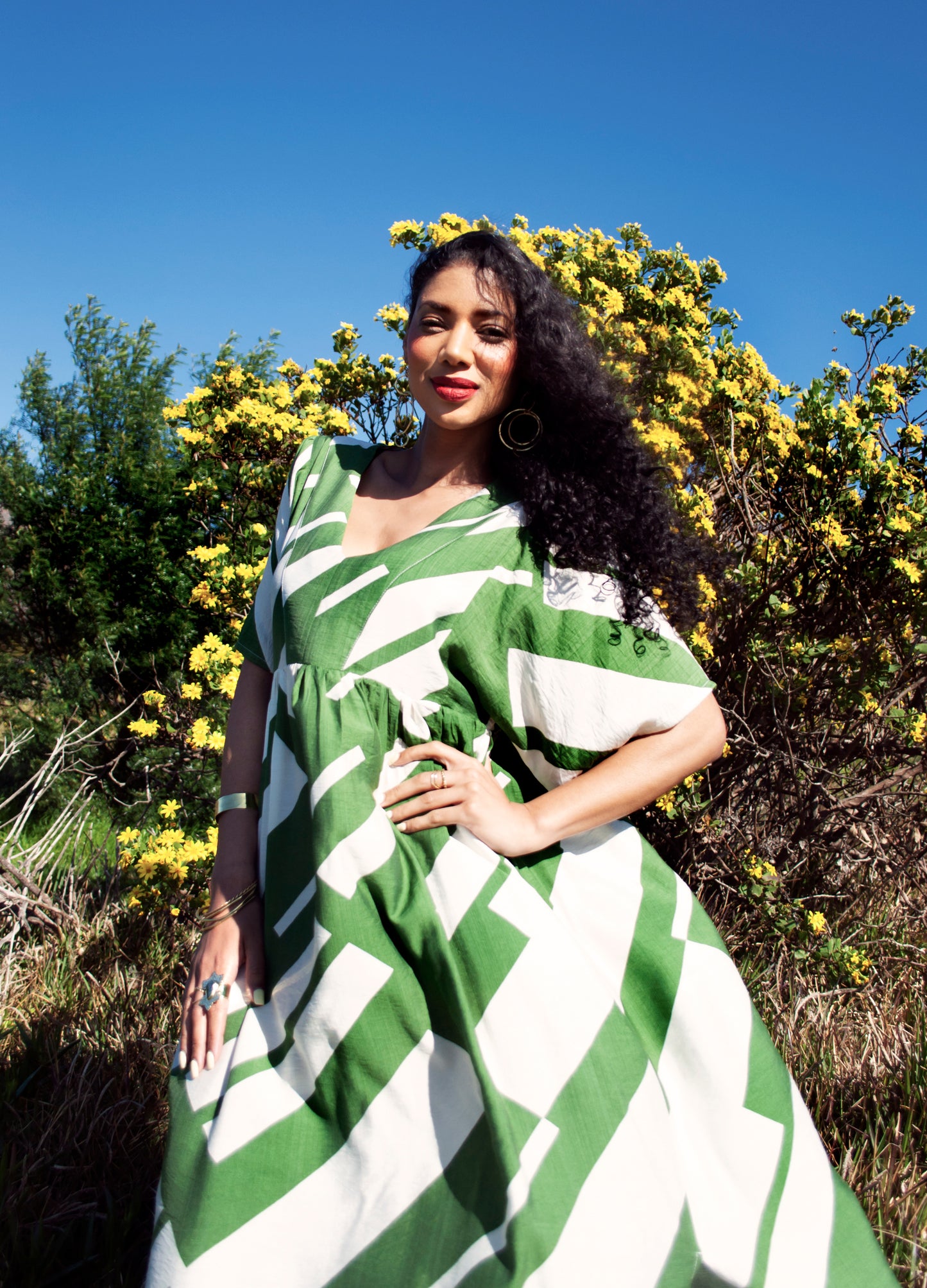 Clara kaftan dress in moss green Jenga print