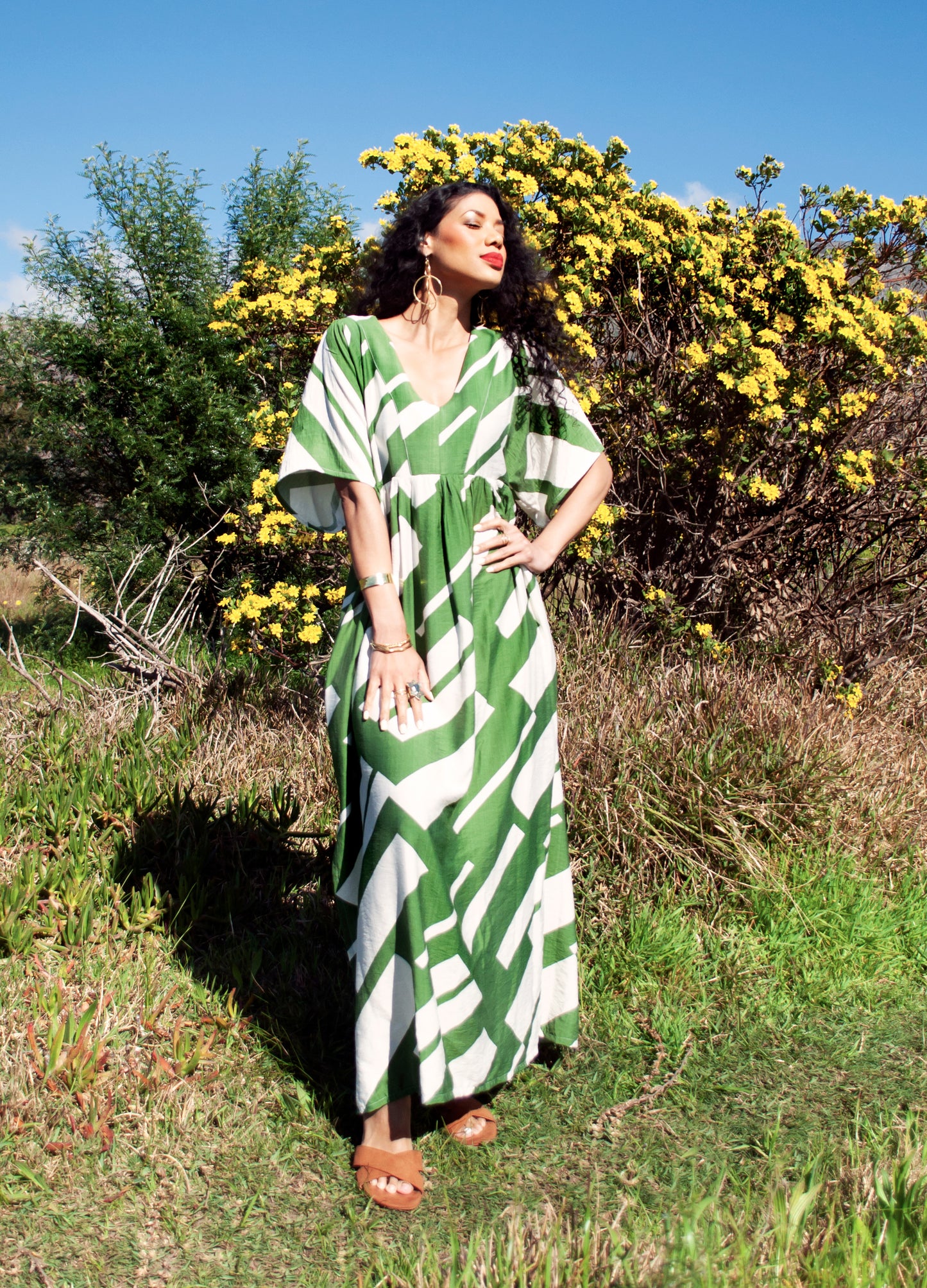 Clara kaftan dress in moss green Jenga print