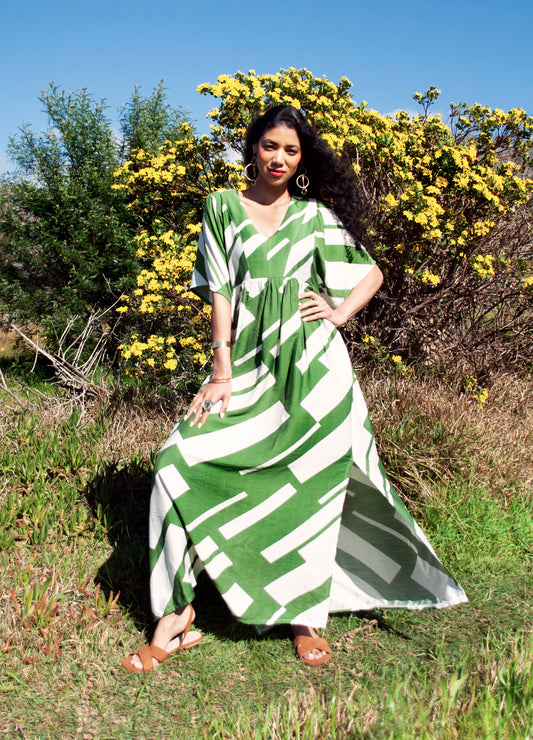 Clara kaftan dress in moss green Jenga print