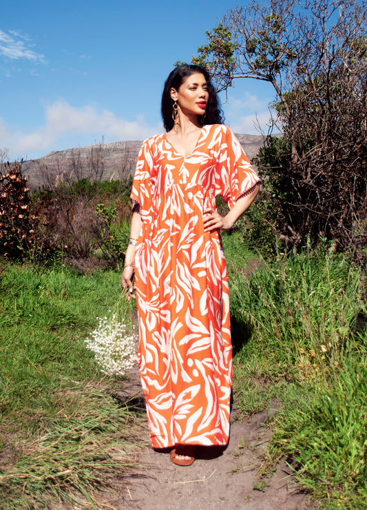Clara kaftan dress in lobster Vacation Floral print