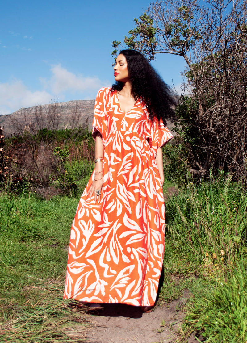 Clara kaftan dress in lobster Vacation Floral print