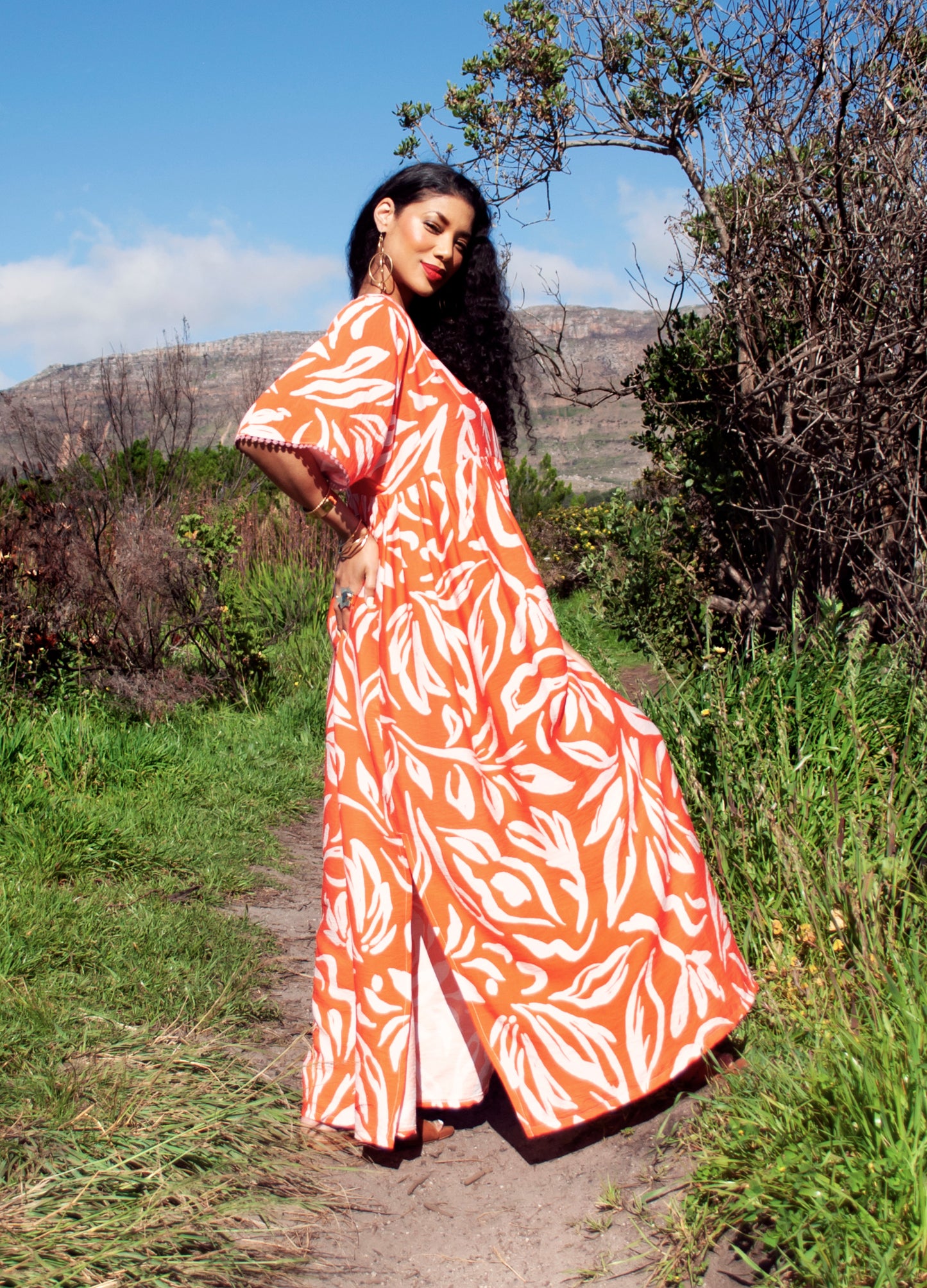 Clara kaftan dress in lobster Vacation Floral print