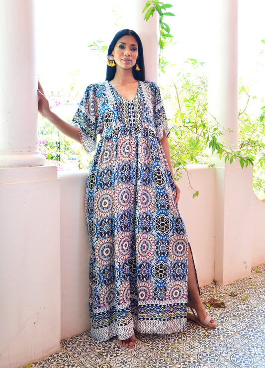 Clara kaftan dress in sapphire Mosaic print