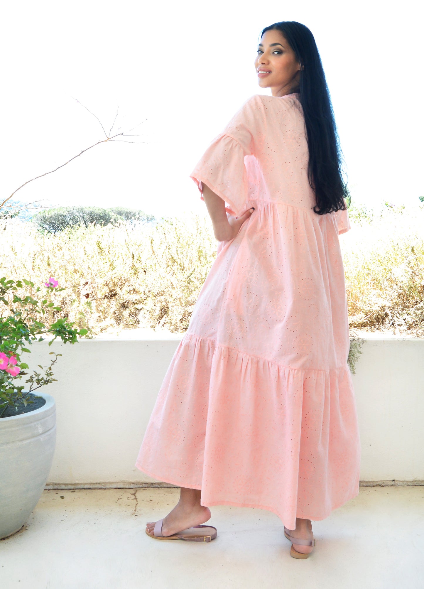 Cora maxi tiered dress in peach Anglaise