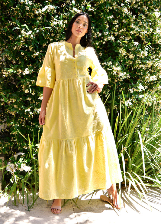 Cora maxi tiered dress in lemon Anglaise