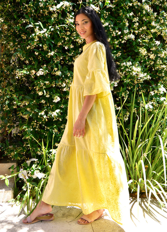 Cora maxi tiered dress in lemon Anglaise