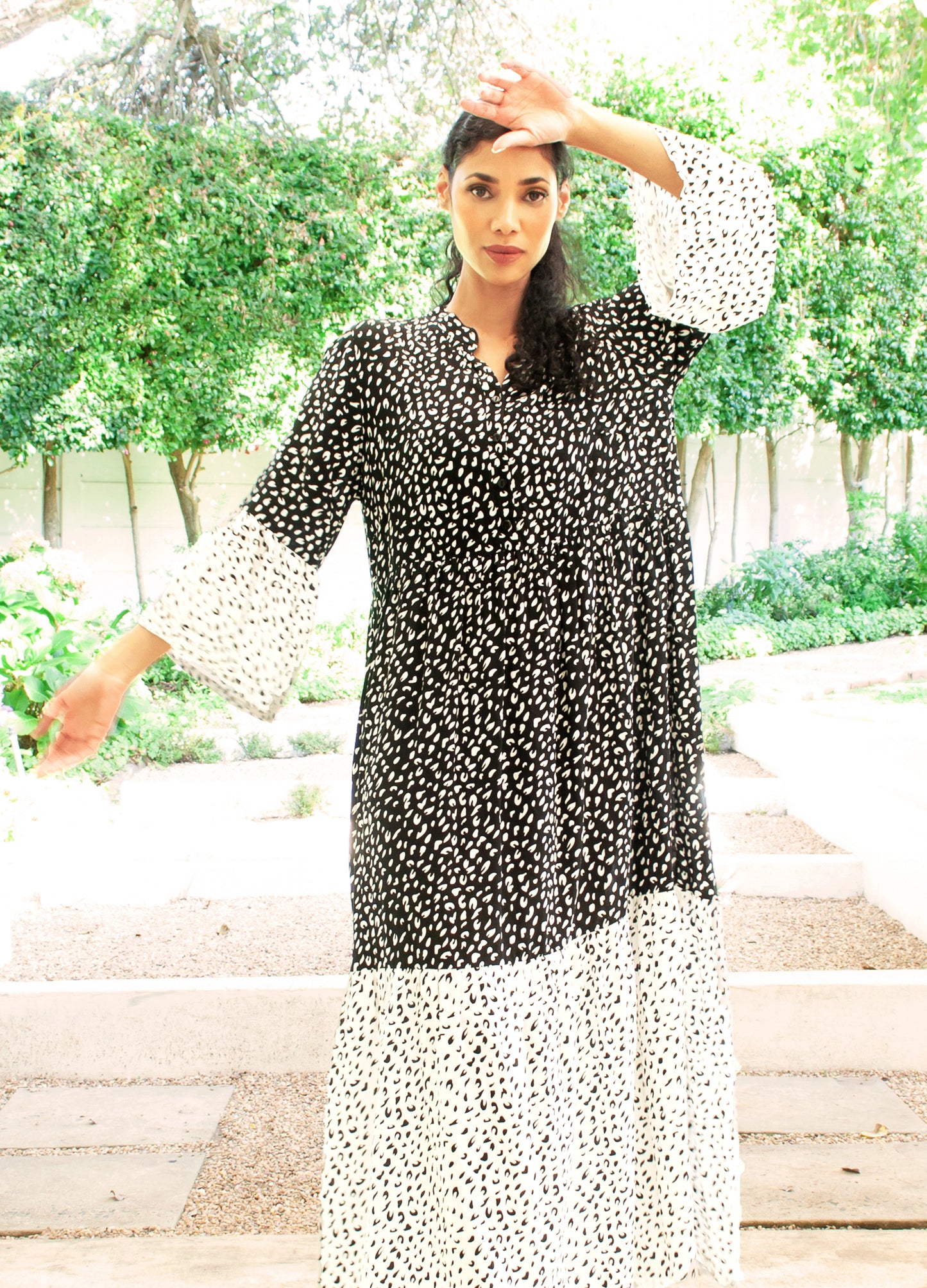 Cora maxi tiered dress in black Spot Leopard print