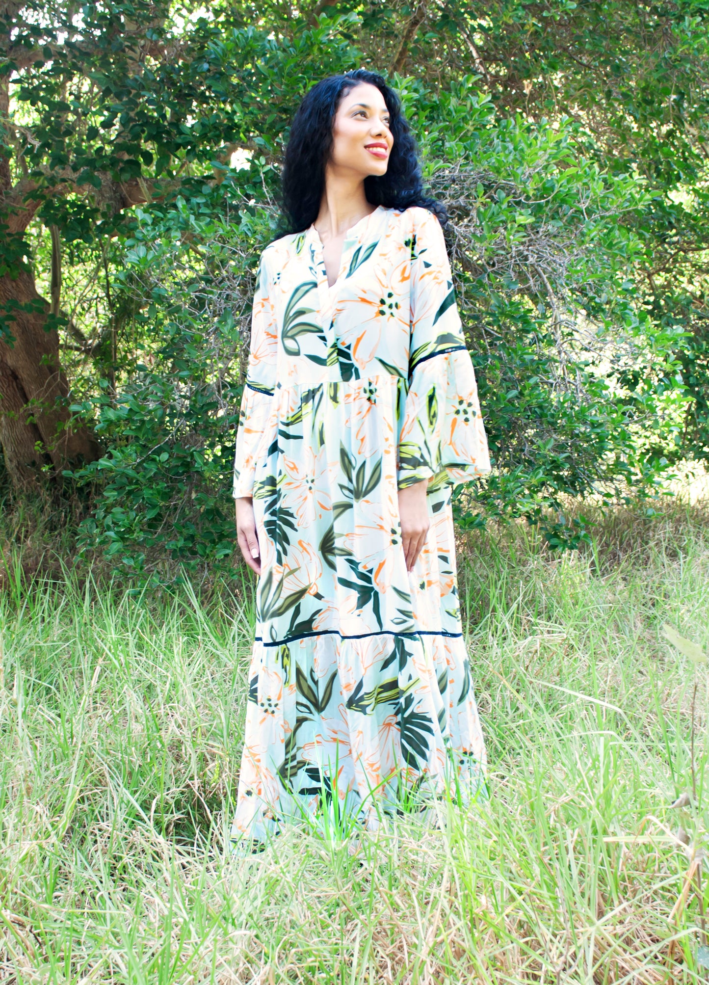 Cora maxi tiered dress in mint Wildflowers print
