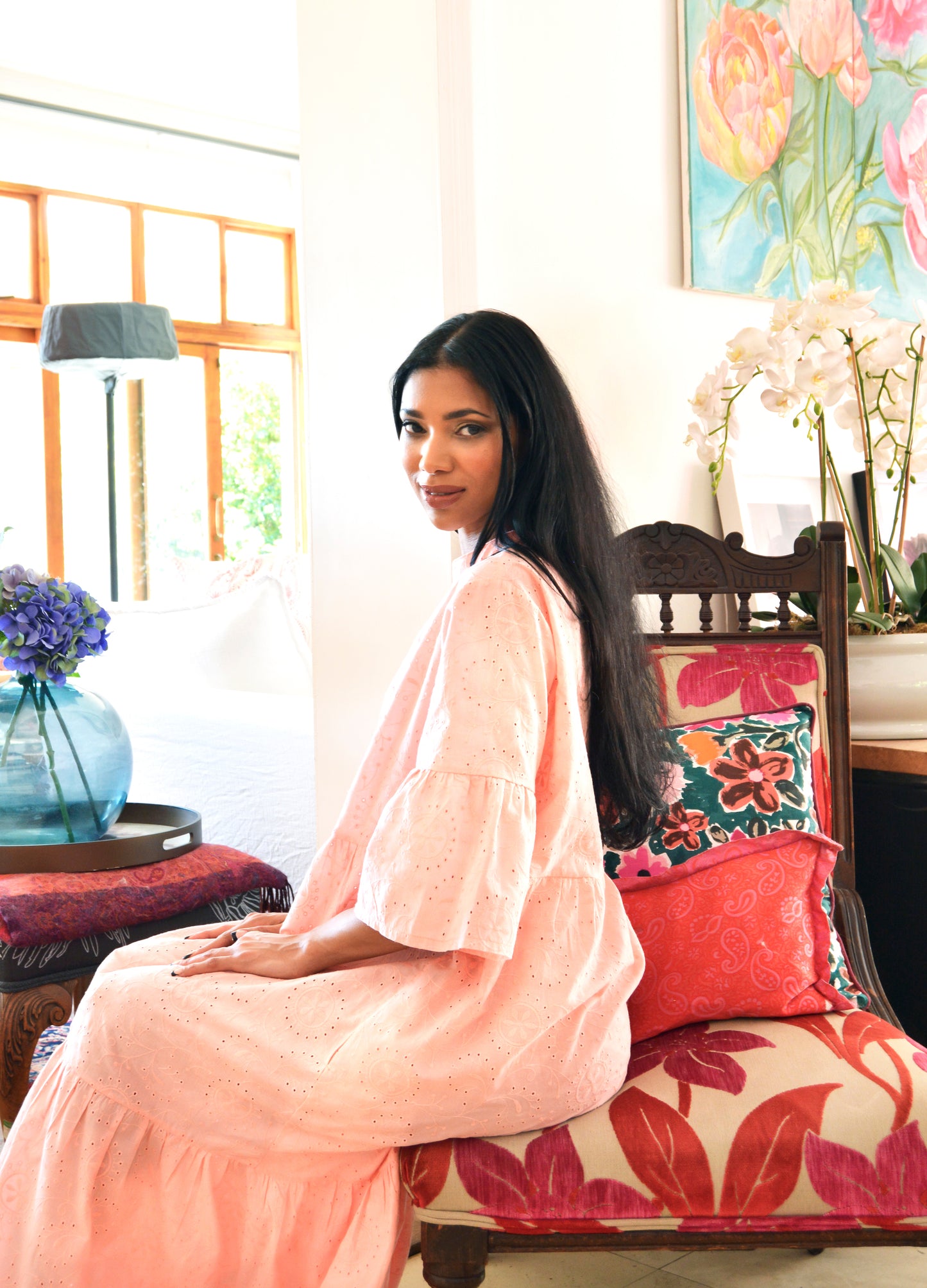 Cora maxi tiered dress in peach Anglaise 32