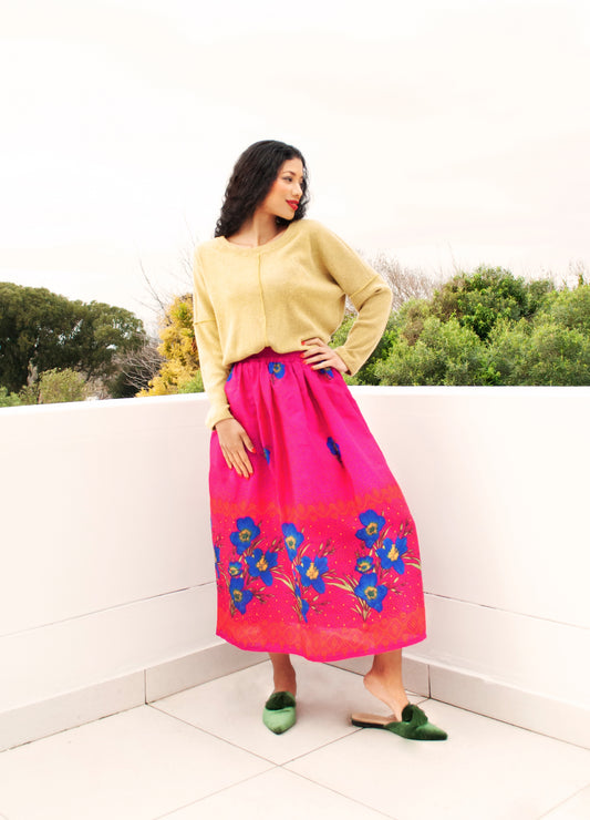 Rosa swing skirt in cerise Blue Blooms print