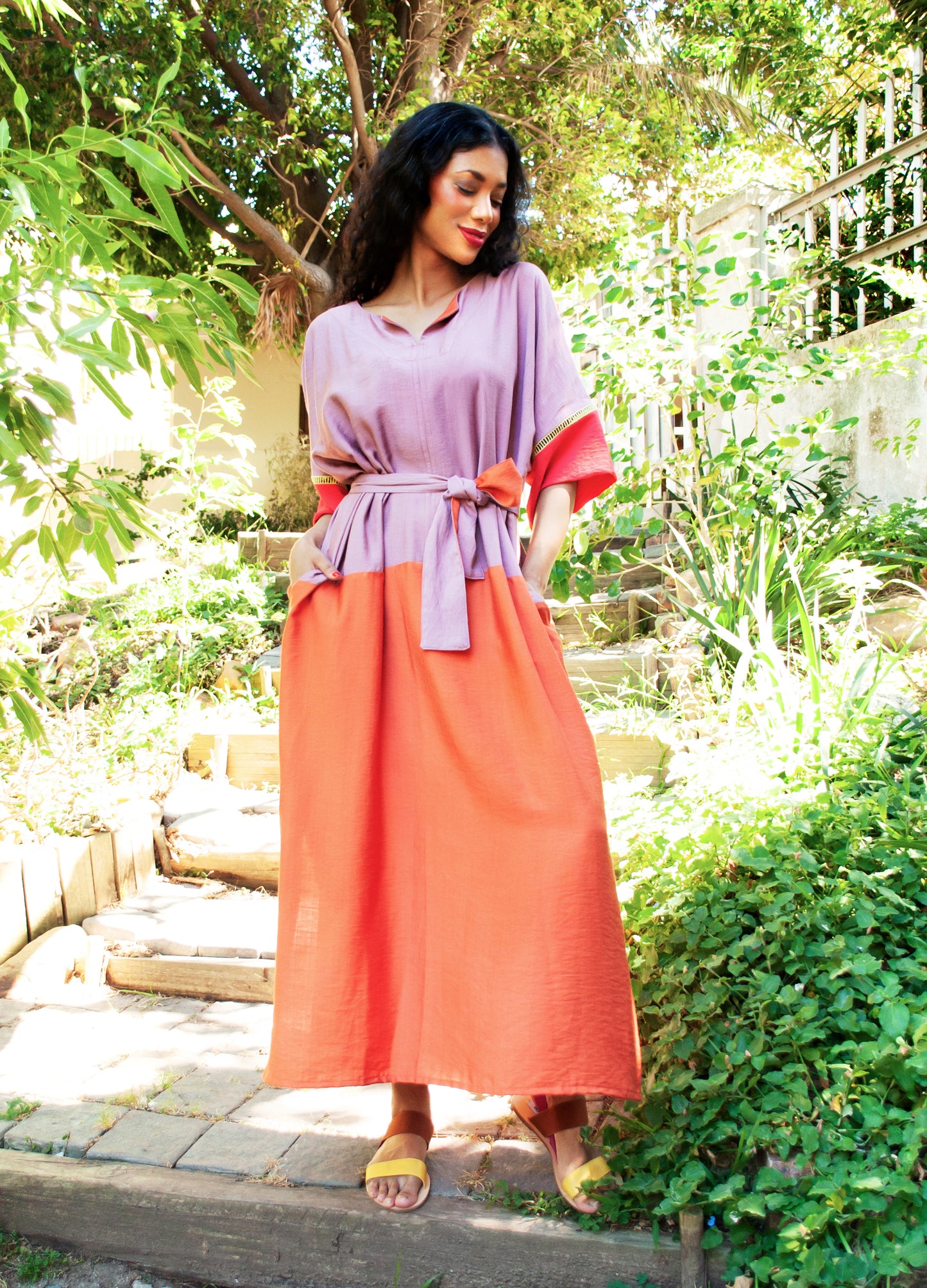 Gabriella kaftan in patchwork Desert Rose rayon blend