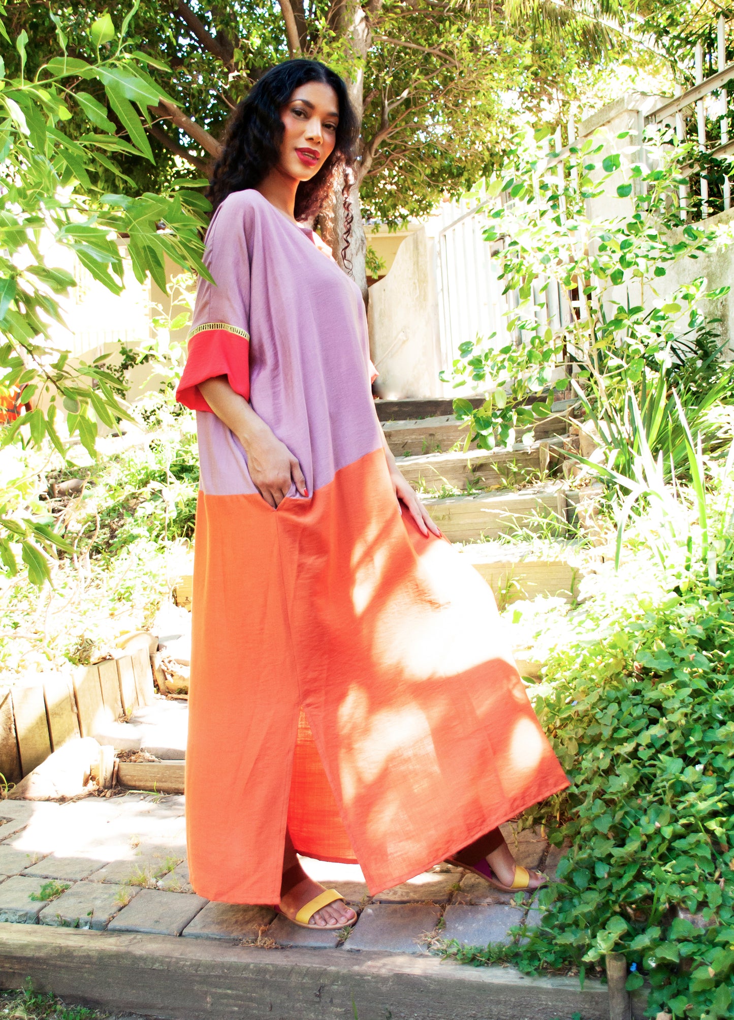 Gabriella kaftan in patchwork Desert Rose rayon blend