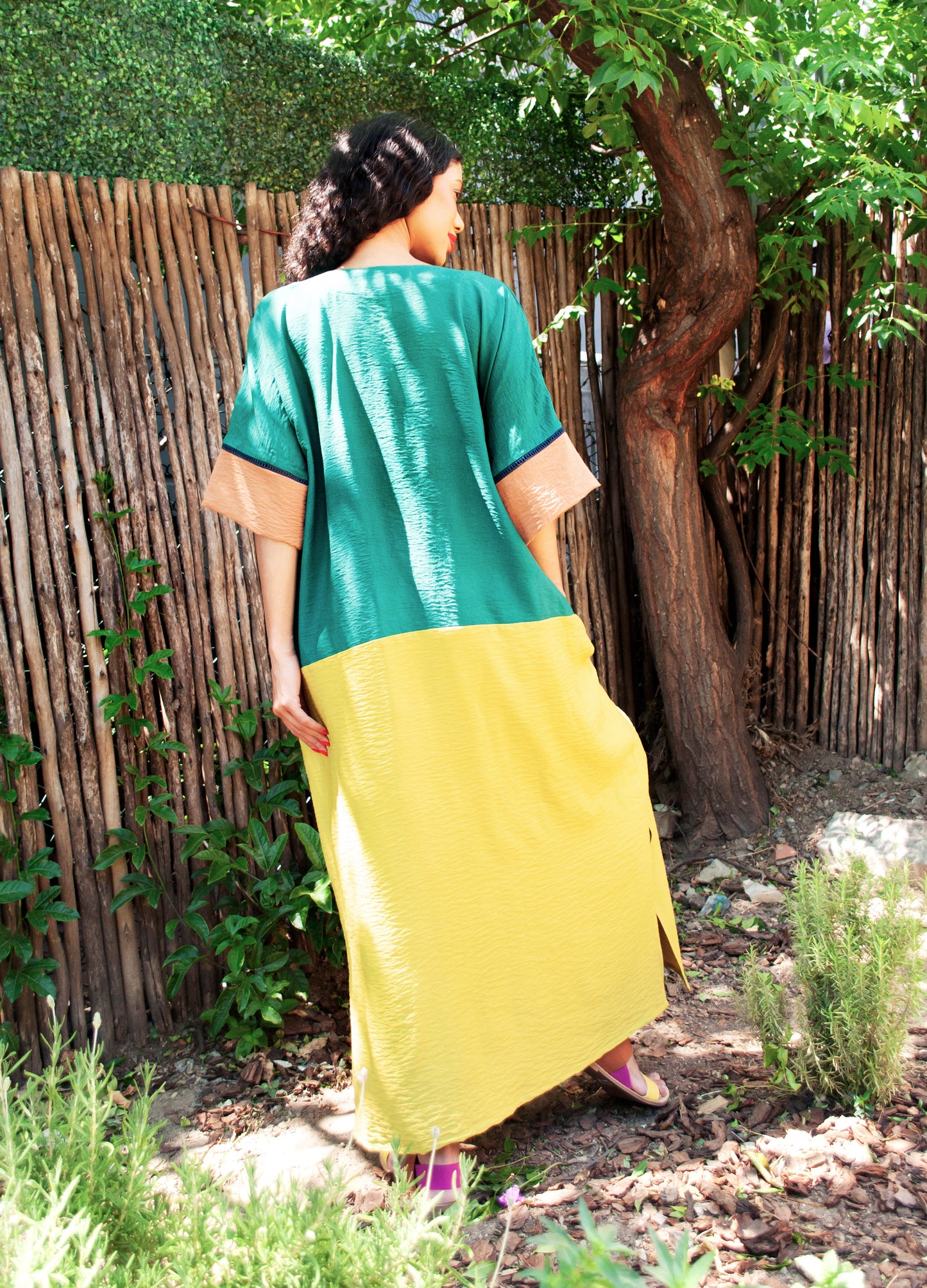 Gabriella kaftan in patchwork Evergreen rayon blend