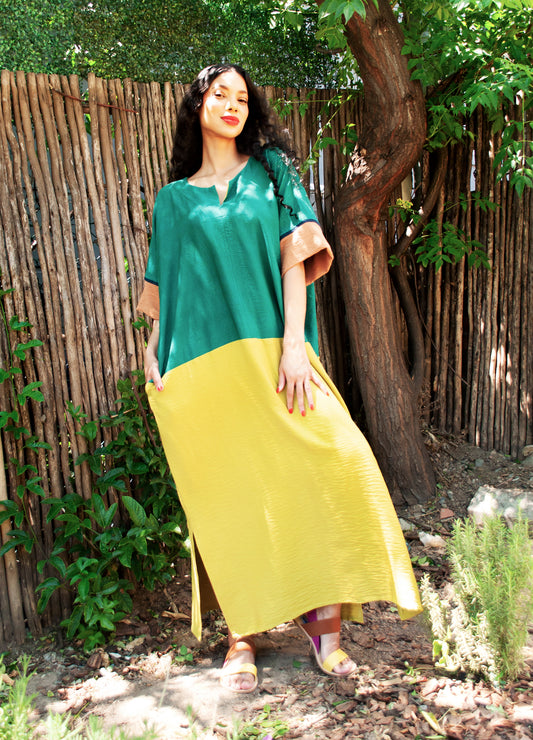 Gabriella kaftan in patchwork Evergreen rayon blend